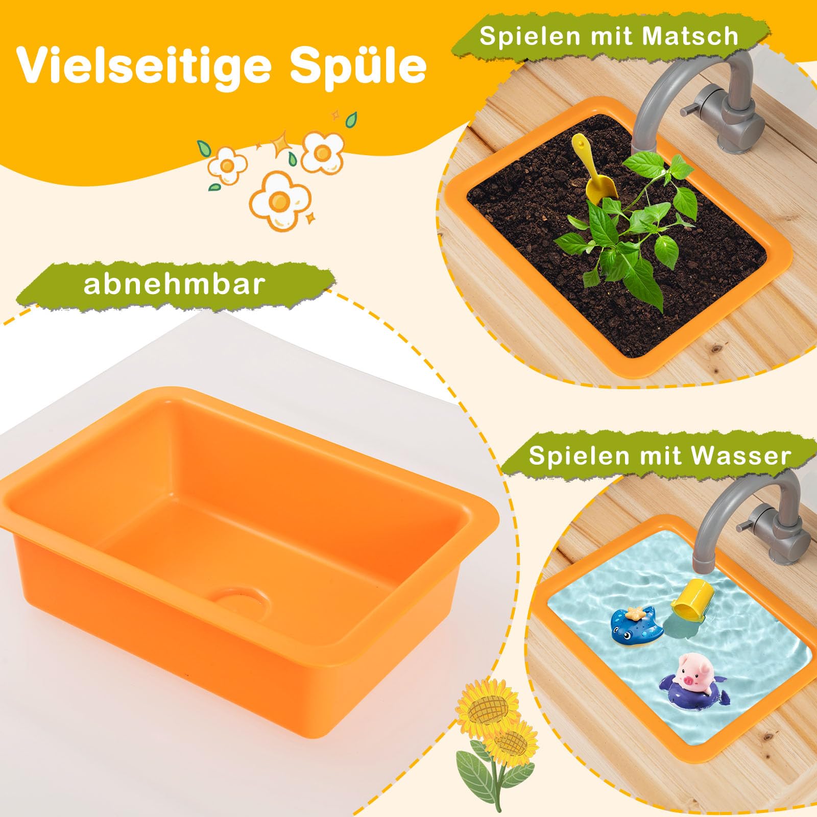 GOPLUS Matschküche Kinder, Spielküche Outdoor mit Pflanzentöpfen, Herdplatten, Abnehmbares Spülbecken, Kreidetafeln & Zubehör, Kinderküche Spielset für Garten und Hof, für Kinder ab 3 Jahren