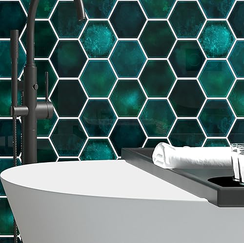 Miniatura 3 de Livelynine Azulejos de pared de 32 azulejos para despegar y pegar, color verde esmeralda, para despegar y pegar, azulejos de baño impermeables para