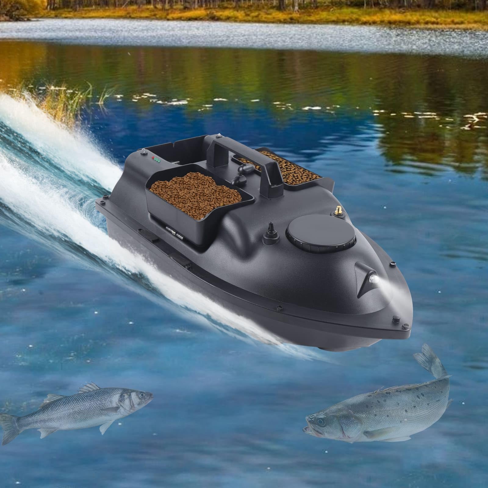 Barca di esche, Barca di avviatore telecomandato 500 m, 3 contenitori di esche, carico 2 kg, crociera automatica, batteria 5200 mAh, ideale per pesca in fiumi e laghi (nero)