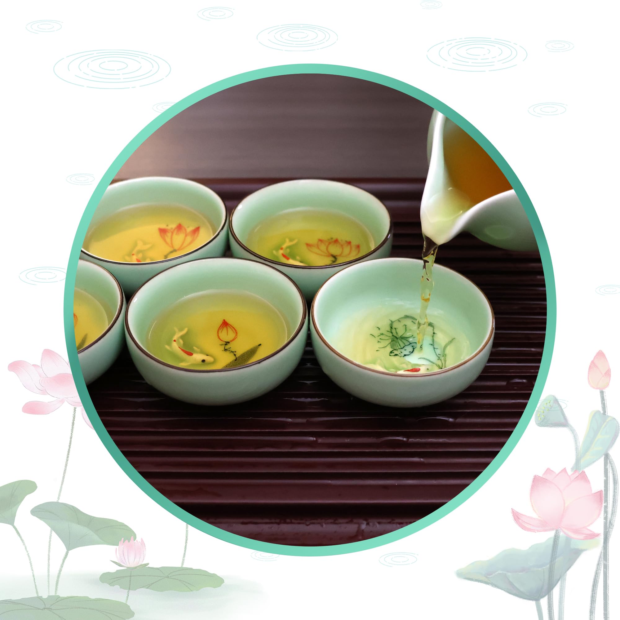 HOTUMN Juego de té de porcelana de cerámica, juego de 5 tazas de té de Kungfu, diseño de loto y peces, regalo para viajes, hogar, exteriores y oficina