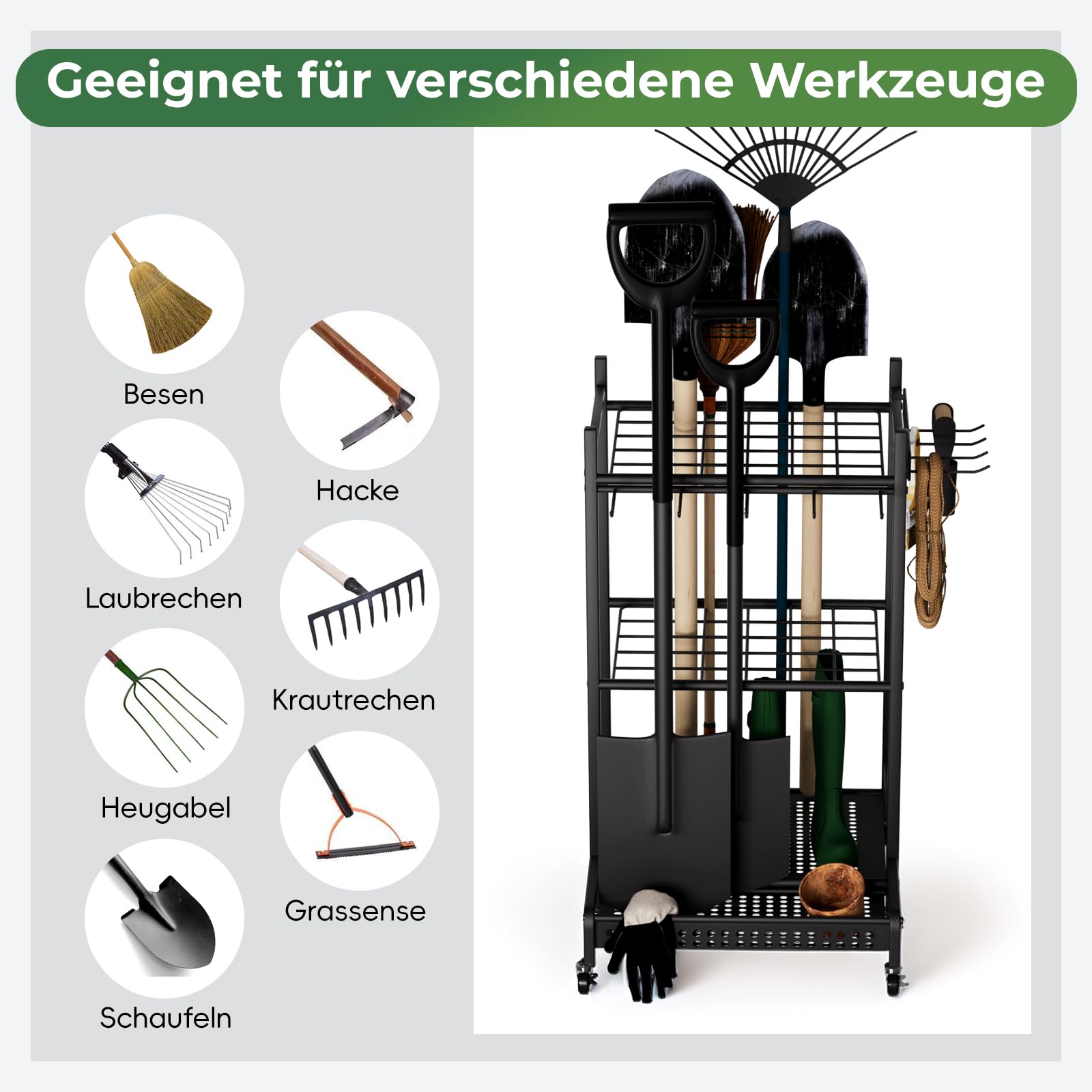 Gartenwerkzeug Organizer mit Rollen, Metall Gartengerätehalter Standregal