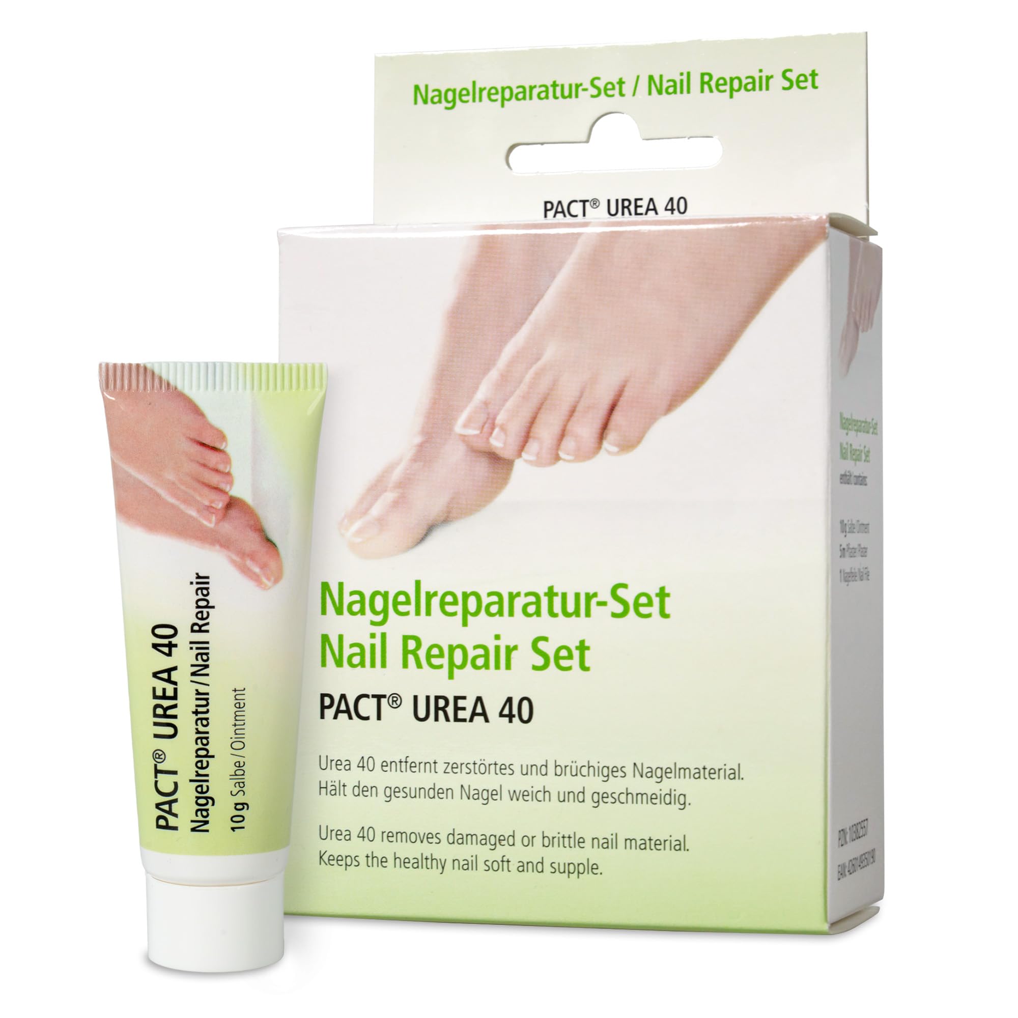 PACT Urea 40 réparation des ongles | en cas de mycose des ongles | kit mycose des ongles | | 40 % d'urée - Ruban adhésif de 5 m - Lime à ongles - Traitement de 2 à 3 semaines - Fabriqué en Allemagne