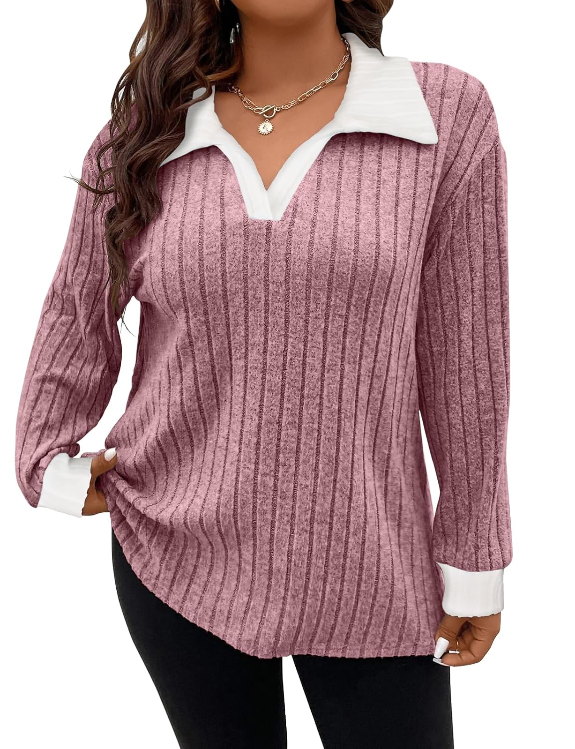 Koscacy Women Plus Size Casual Knit Sweater Lapel V Neck Solid Color Tops Lightweight Long Sleeve Blouses