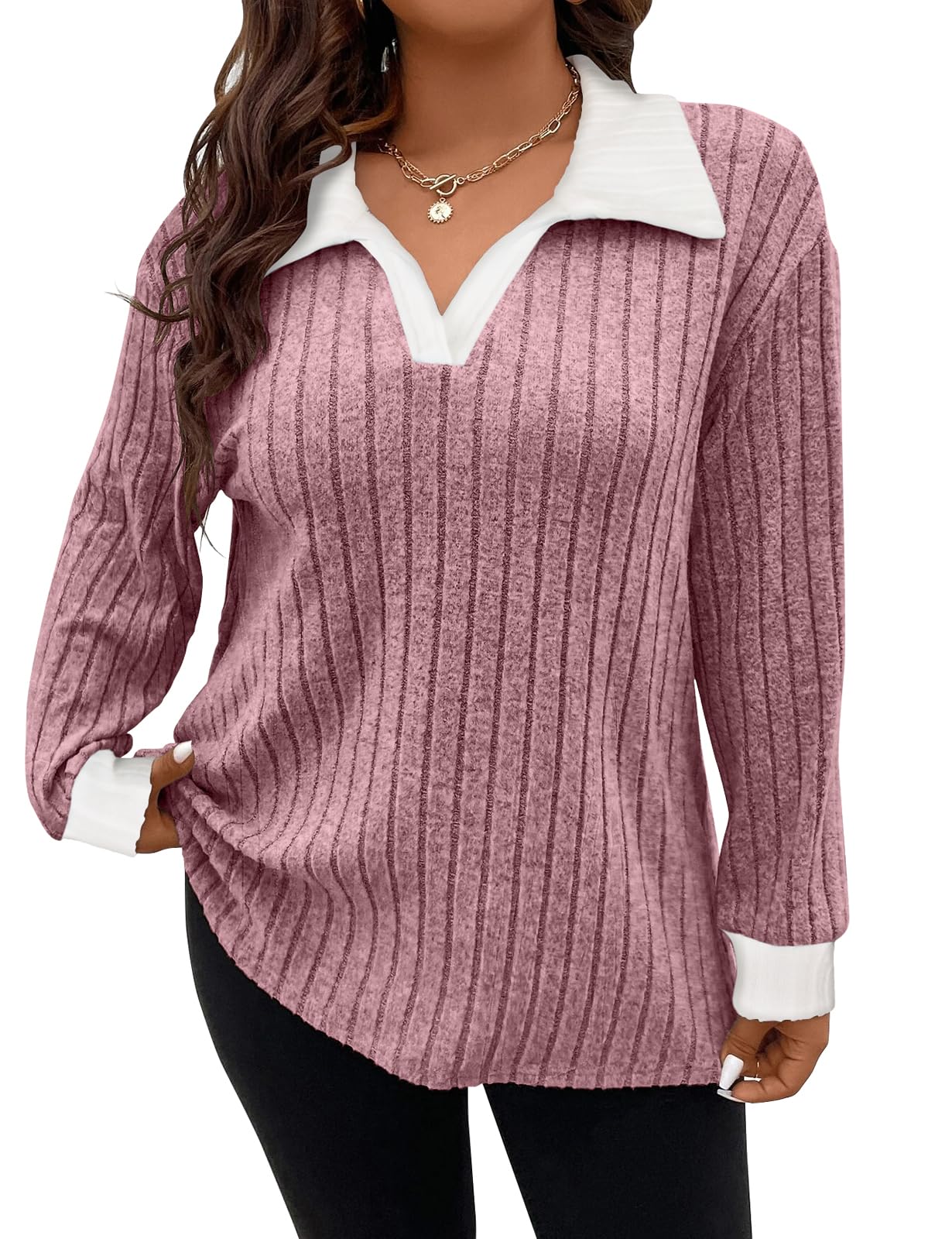 Koscacy Women Plus Size Casual Knit Sweater Lapel V Neck Solid Color Tops Lightweight Long Sleeve Blouses