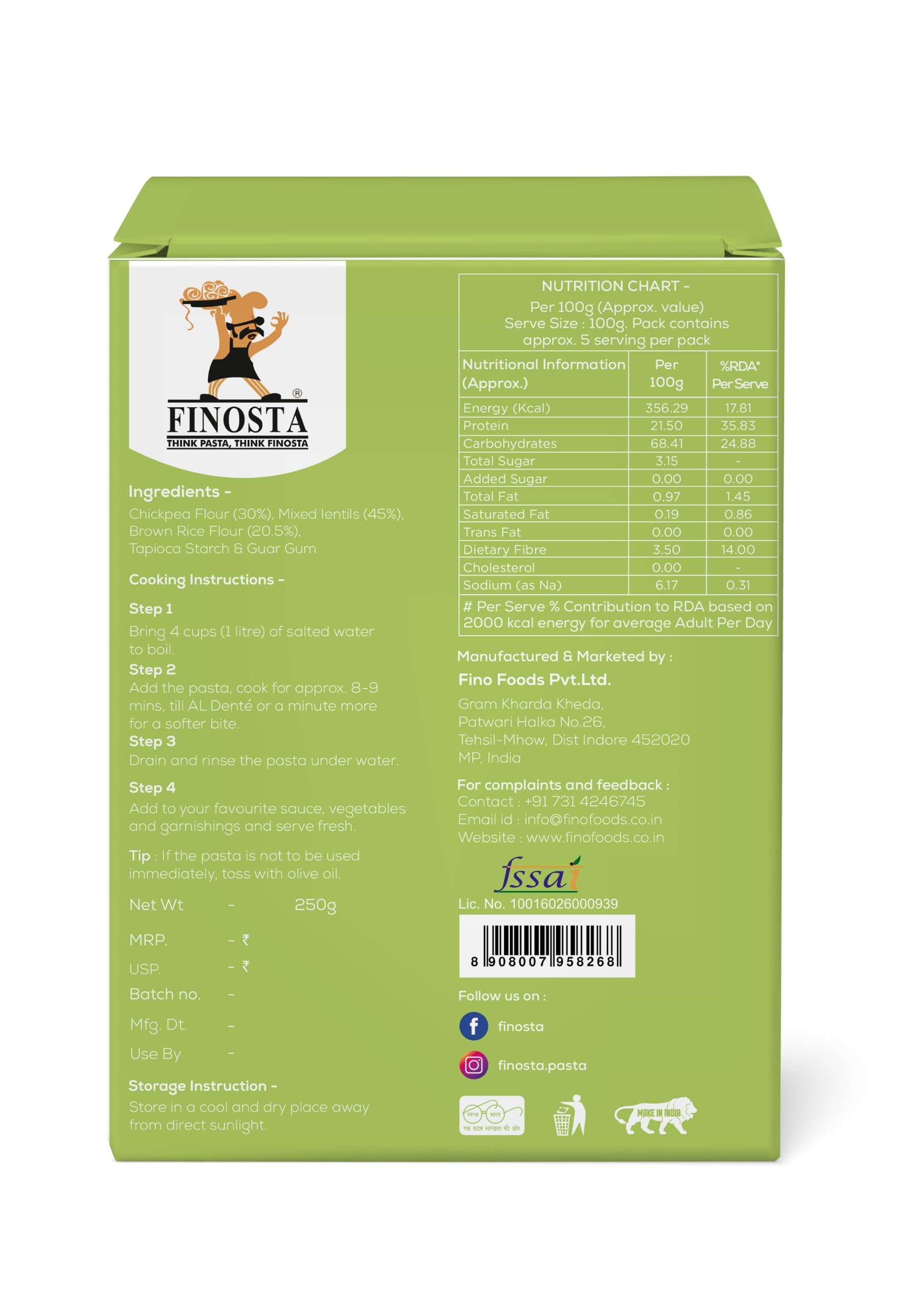 Finosta Red Lentil & Chickpea Penne Pasta, Wheat Free, High Protein 250g | Pasta For Cooking Meals Lunch Dinner Recipes | Red Lentil Chickpea Flour Tube Shape Grooved Surface Dry Pasta Food Preparation Use 1