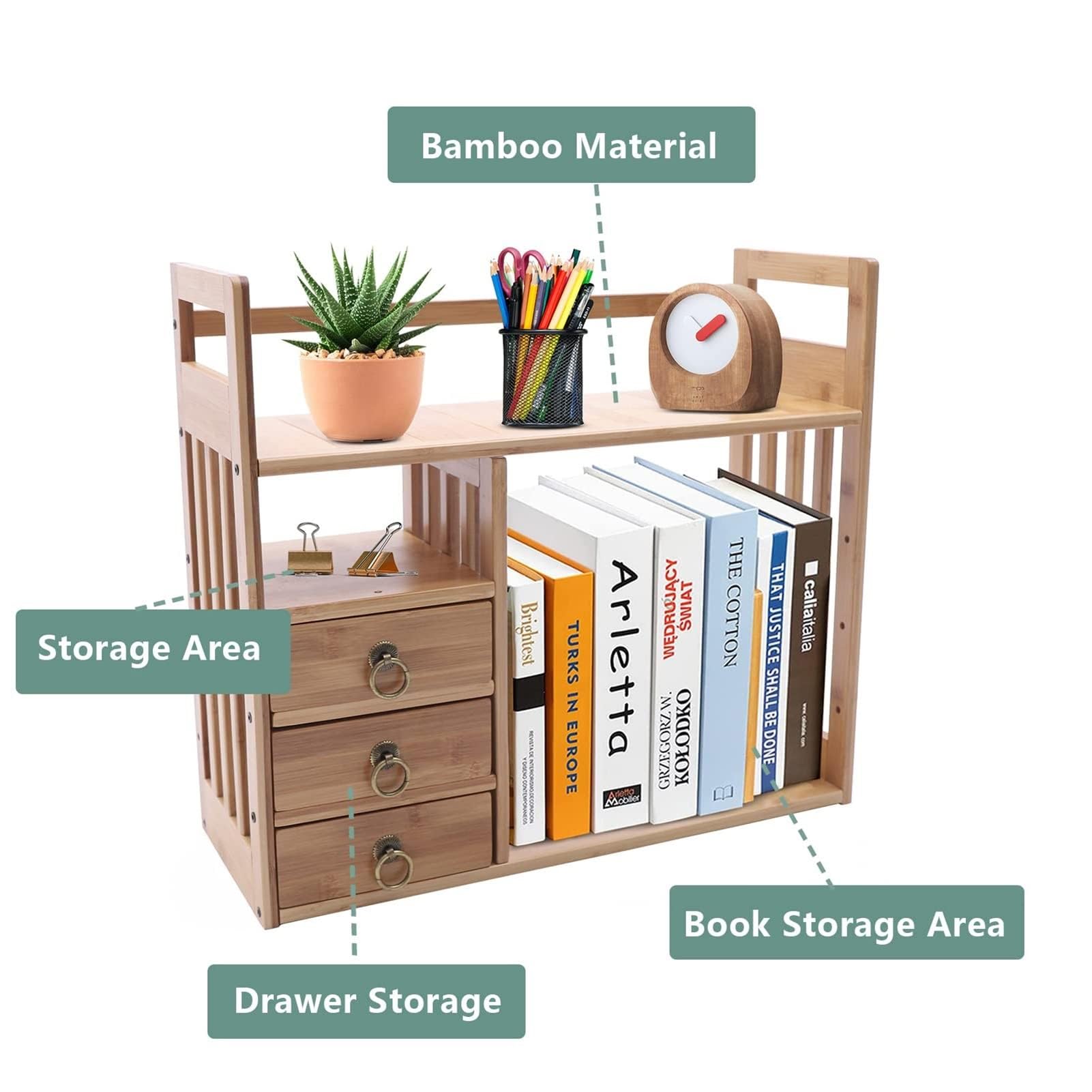 Estante Librería De Sobremesa - Estantería Pequeña De Sobremesa, Con Estantería De Mesa De Bambú De 3 Cajones, Estante De Exhibición De Almacenamiento De Juego De Té Para Sala De Estar