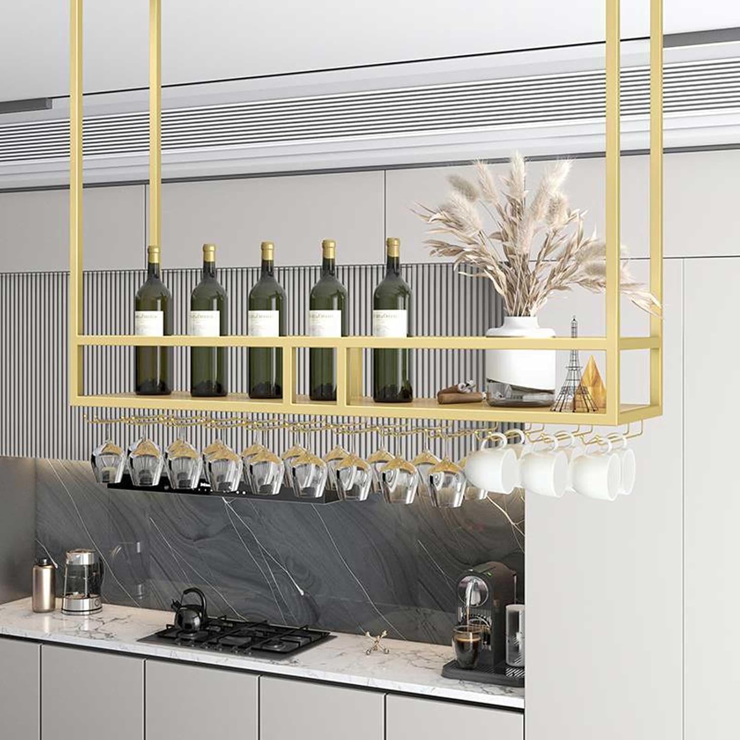 Hanging Wine Rack with Stemware Shelf & Guardrail – Ideal for Bars Cafes & Kitchens – Space Saving Wine Storage Solution for Wine Lovers