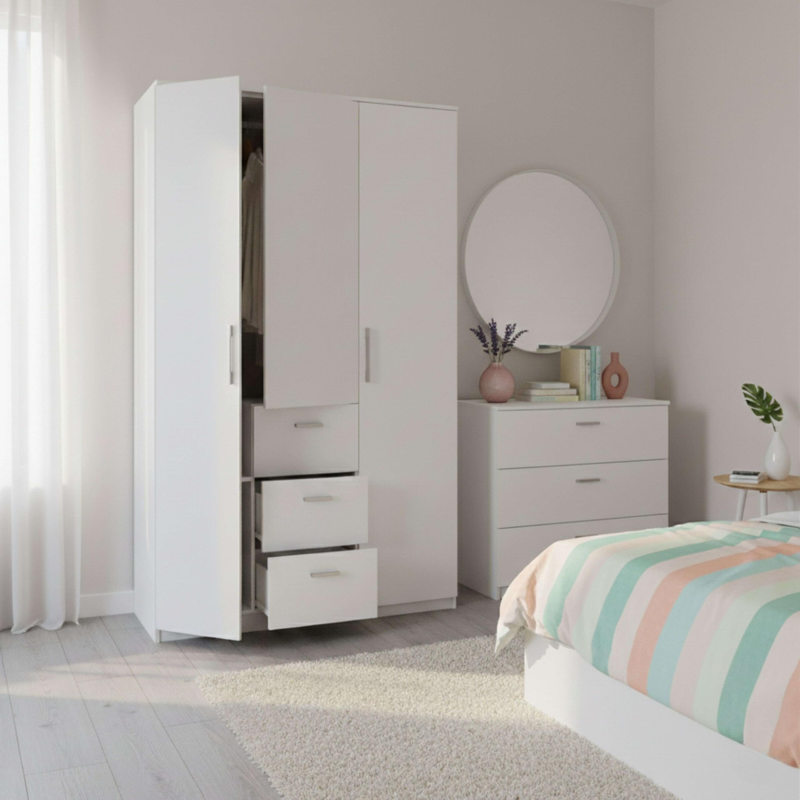 Habitdesign Armario Ropero 3 Puertas y 3 cajones, 203x117x52 (AltoxAnchoxFondo - en Cm), con Barra Colgadora y Estantes, Color Blanco Brillo