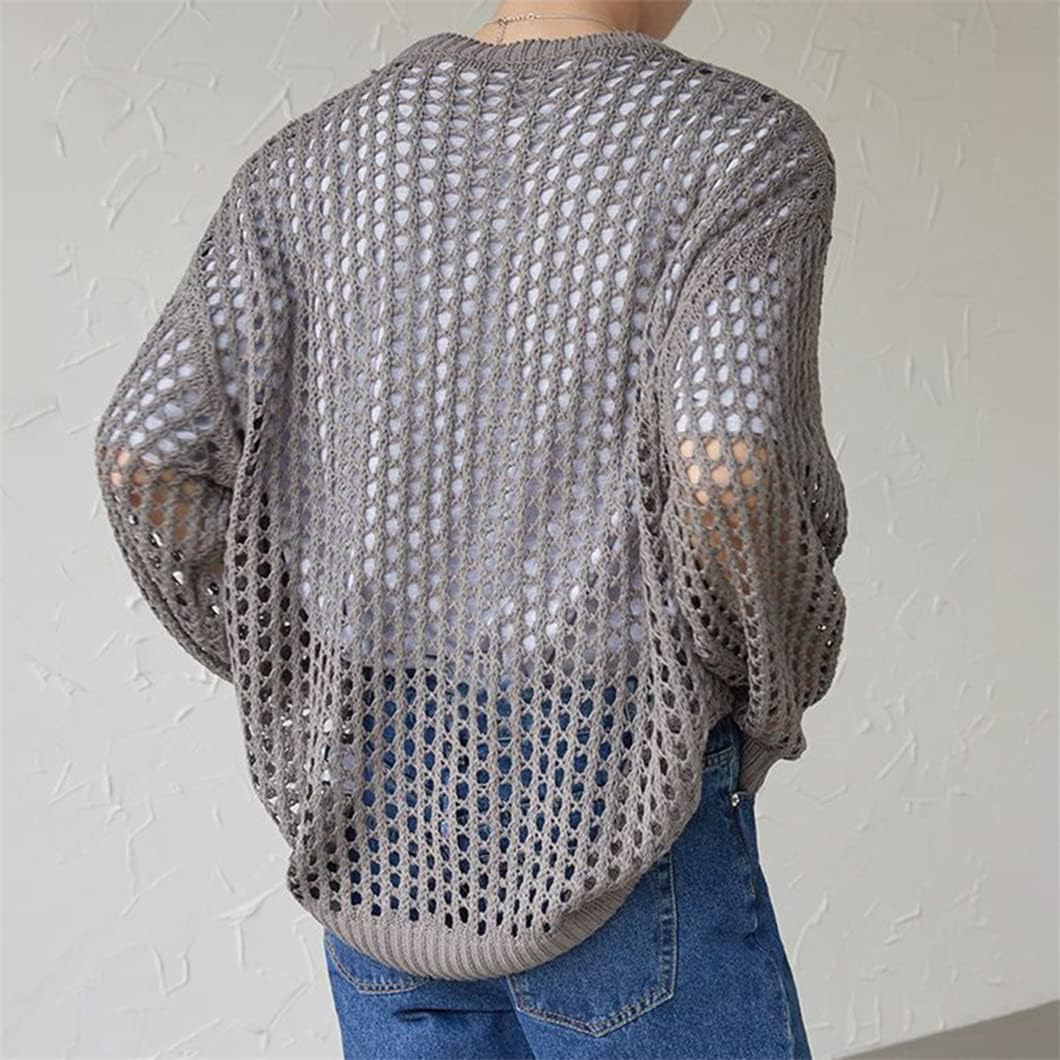 Men's Vintage Loose Smock Tops Summer Casual Geometic Hollow Out Outfits See-Though Knit Shirts