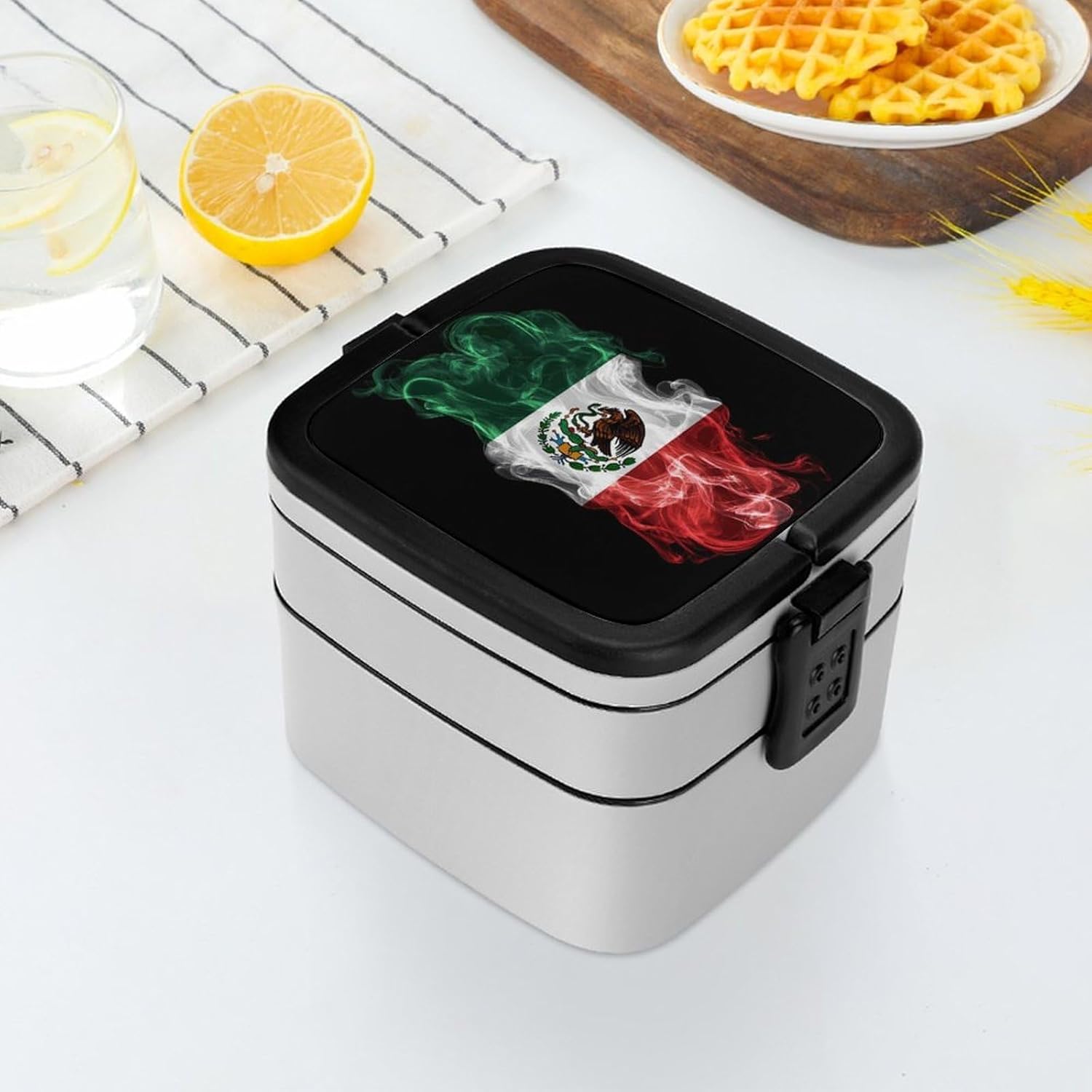 Mexico Mexican Fiag Bento Box with Spoon 2 Layer Food Container Cute Lunch Box for Travel Dining Work
