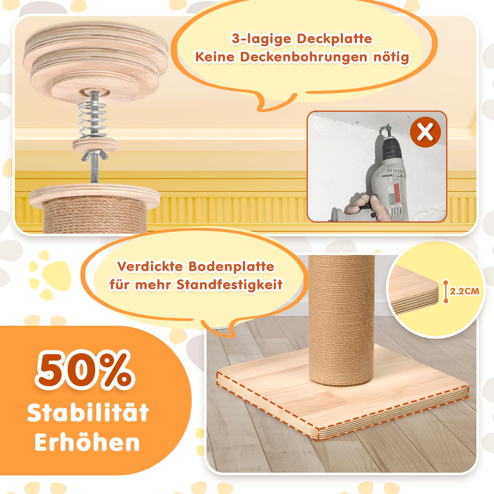 Kratzbaum deckenhoch 255-270cm, höhenverstellbarer 5 Etagen Katzenbaum mit Geländer, Raumkapsel, Rattankorb & Sisal Kratzsäulen, Stabiler Katzenturm