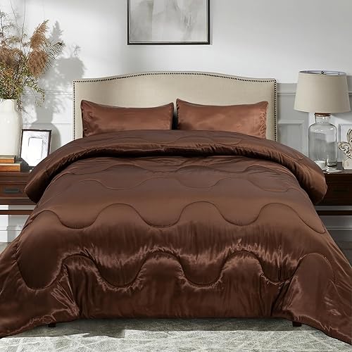 Miniatura 3 de A Nice Night Juego de edredón de satén suave y sedoso, juego de edredón sexy de microfibra súper suave, tamaño matrimonialqueen, ligero (chocolate,