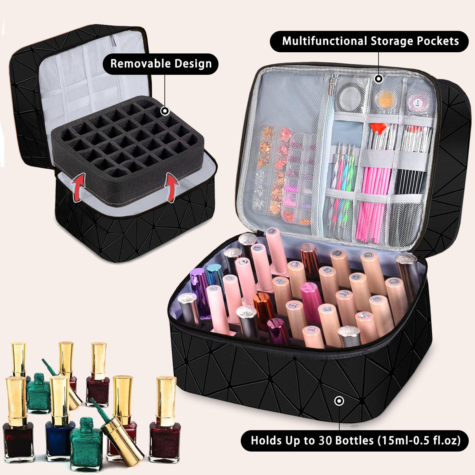 2-Layer Travel Makeup Bag,Nail Polish Organizer,Nail Tools Storage,Carry-on Only Polish Package,Waterproof,Adjustable Dividers Compartment,Holds 30 Bottles of 15ML Nail Polish - Image 2