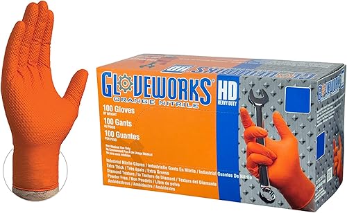 GLOVEWORKS Heavy Duty Orange Nitrile Industrial Disposable Gloves, 8 Mil, Latex-Free, Raised Diamond Texture, Auto, Cleaning