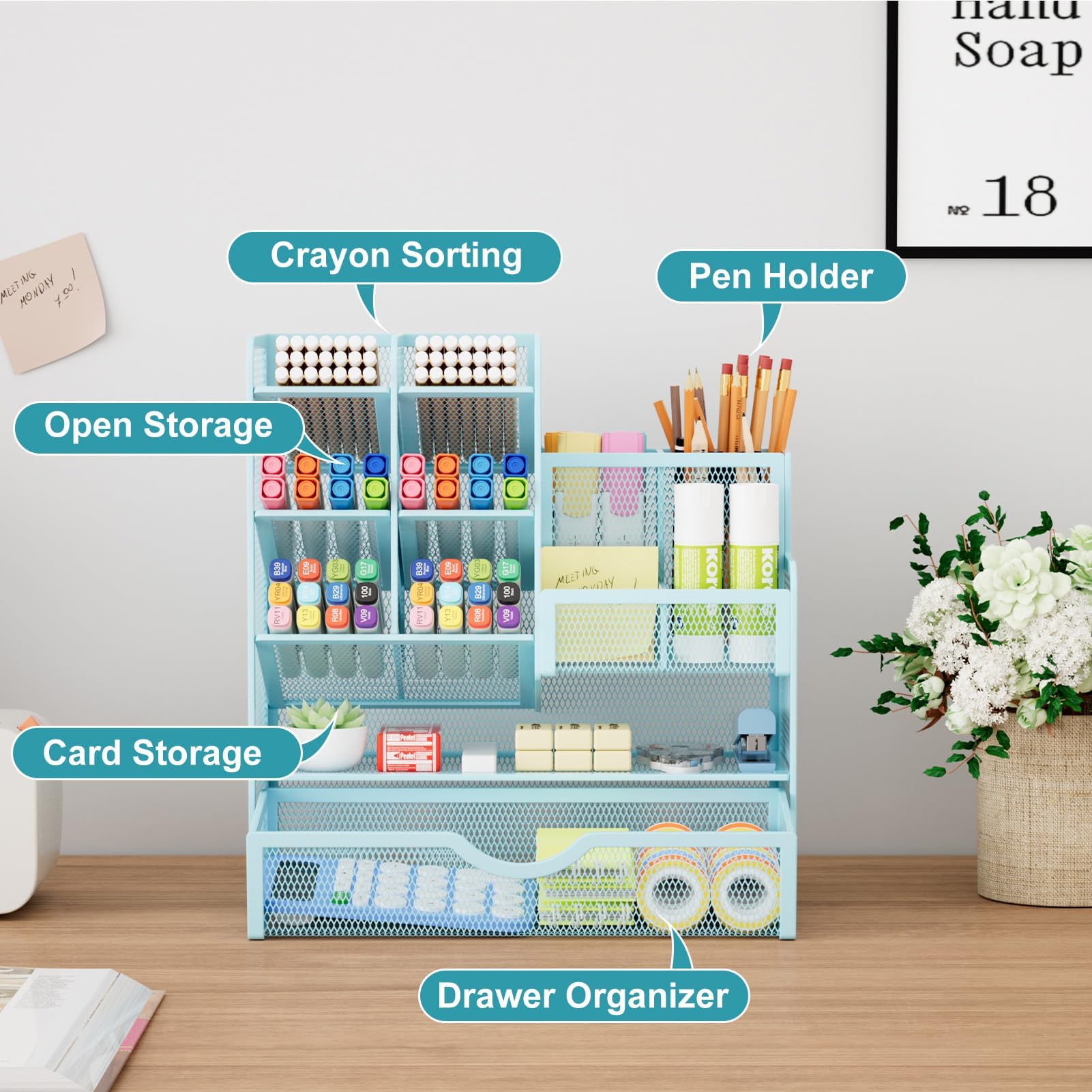 Marbrasse Organizer Scrivania in Rete,Organizer per Cancelleria,Portapenne,Multifunzione,Portaoggetti da Scrivania e Cassetto per Casa e Ufficio (Blu)