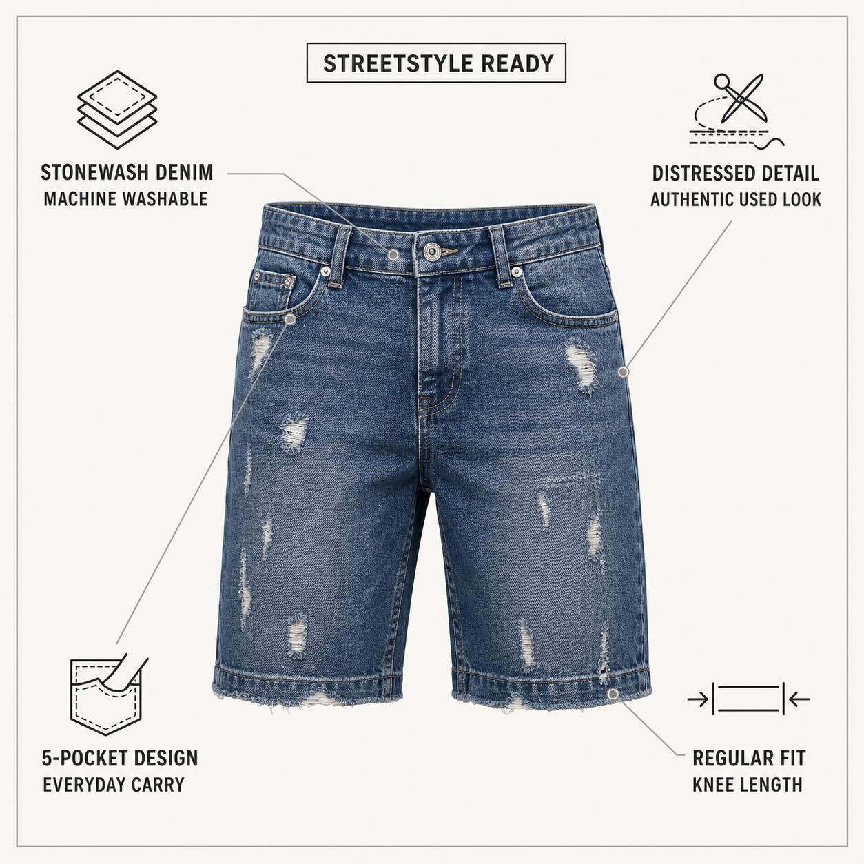 Redbridge Pantalones cortos vaqueros para hombre, bermudas vaqueras con aspecto desgastado, corte regular de 5 bolsillos, longitud hasta la rodilla con dobladillo flequillo