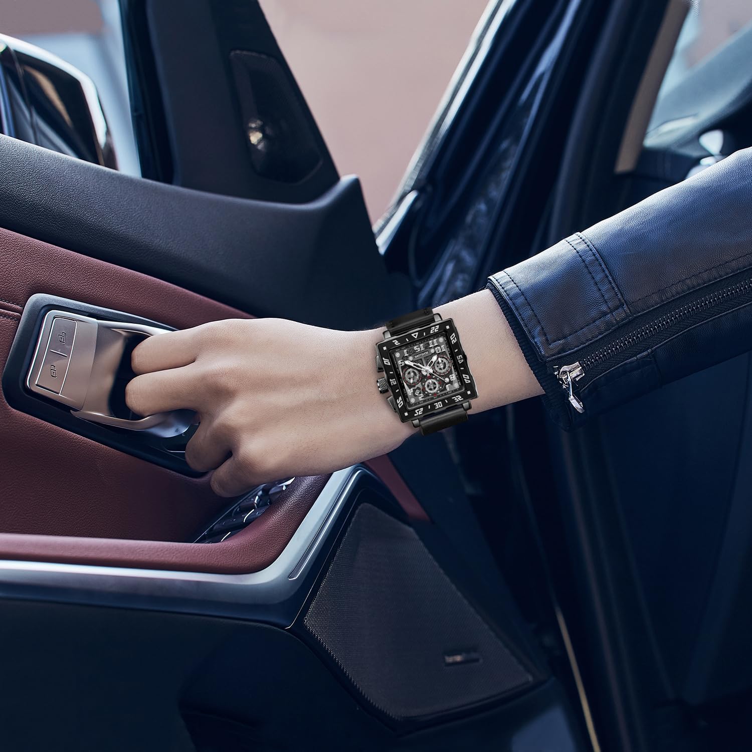 senstone Square Watch for Men with Leather Strap Multifunction Chronograph Dial Analog Quartz Wristwatch Business Dress Watch with Luminous Waterproof Calendar - Image 3