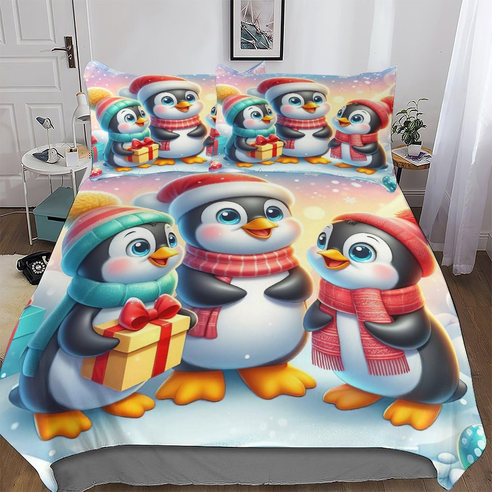 Housse de couette pingouin 3 pièces 220x240cm, cadeau idéal ado et adulte