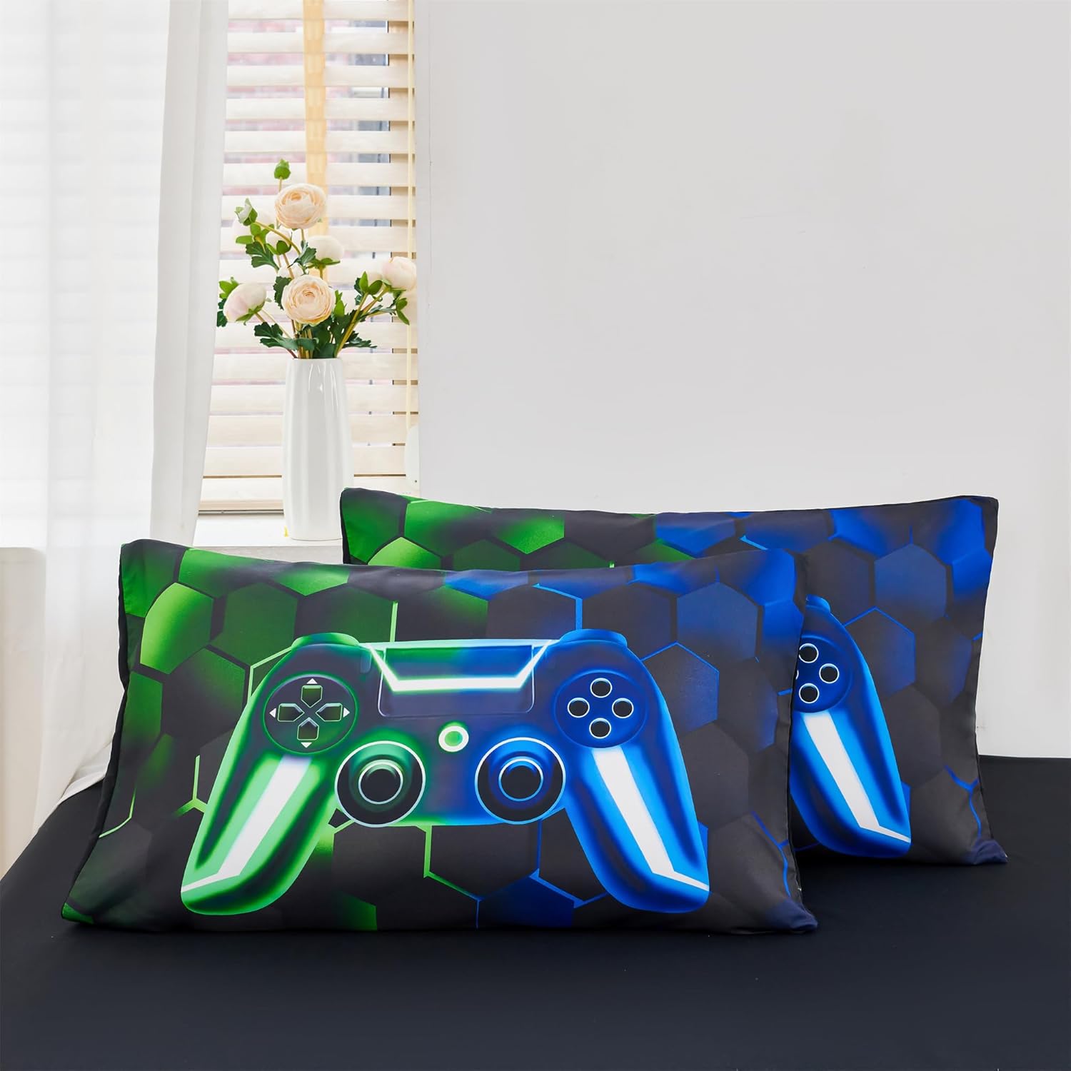 RYNGHIPY Game Console Comforter Set for Boys Girls 3D Cool Kids Gaming Bedding Sets Soft Lightweight Microfiber Gamer Comforter Bed Set (Blue Green,Queen)