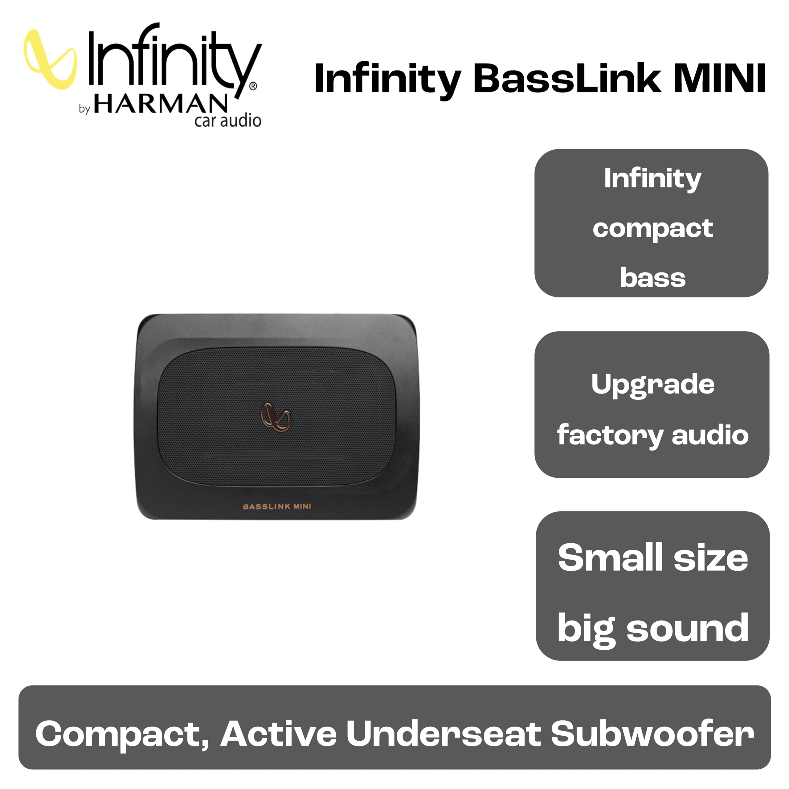 Infinity BassLink MINI 152x203mm 6x8 Zoll Aktiver Underseat Subwoofer mit 100W RMS und 200W Max, Aluminiumgehäuse, 30Hz–150Hz Frequenzgang, Bass-Remote, 12dB Crossover, kompakt für Auto Einbau