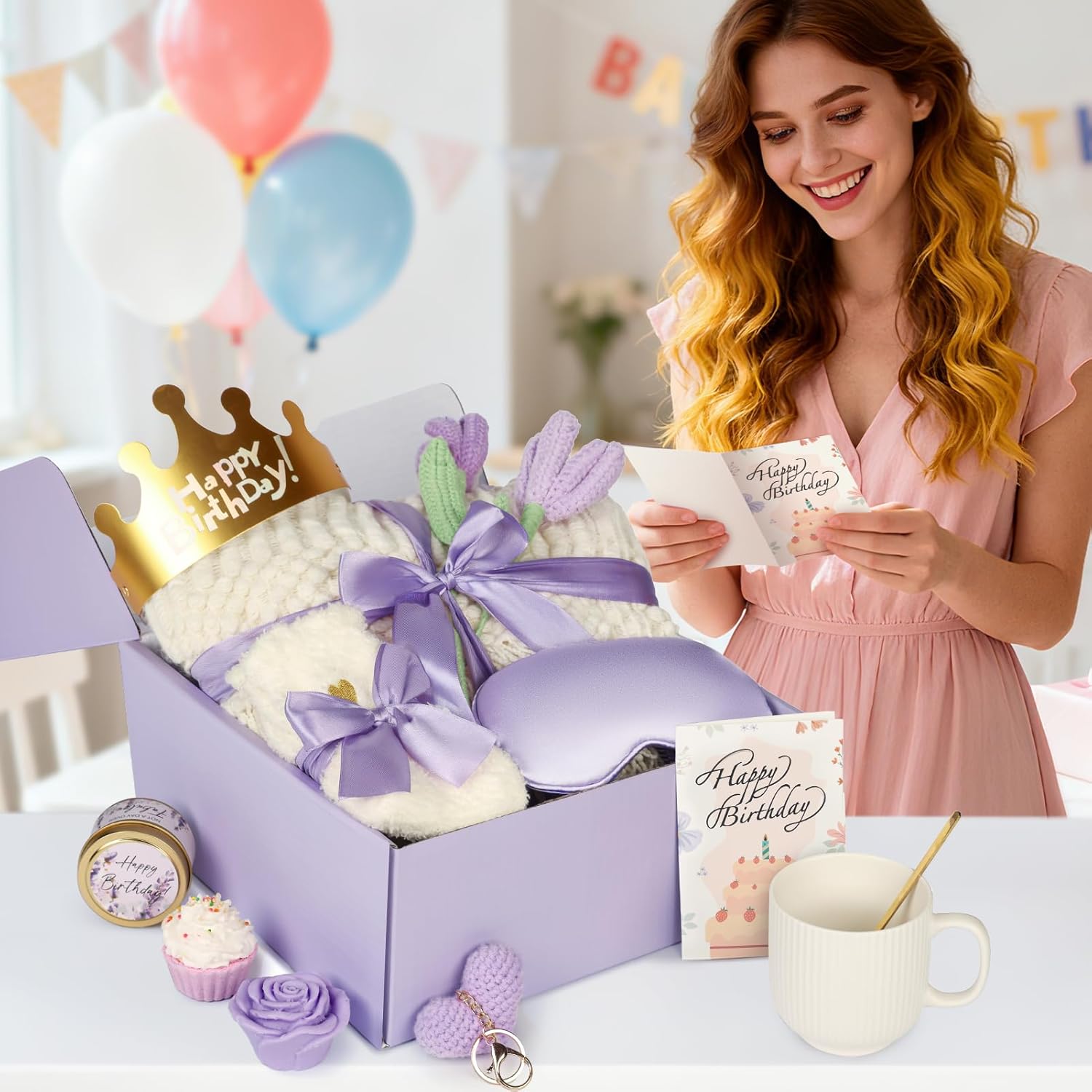 Birthday Gifts for Women - 13PCS Unique Happy Birthday Gifts Basket for Mom Her Best Friend Sister Wife Girlfriend Coworker - Relaxing Spa Self Care Package Valentines Day Gifts Set (Lavender) - Image 8