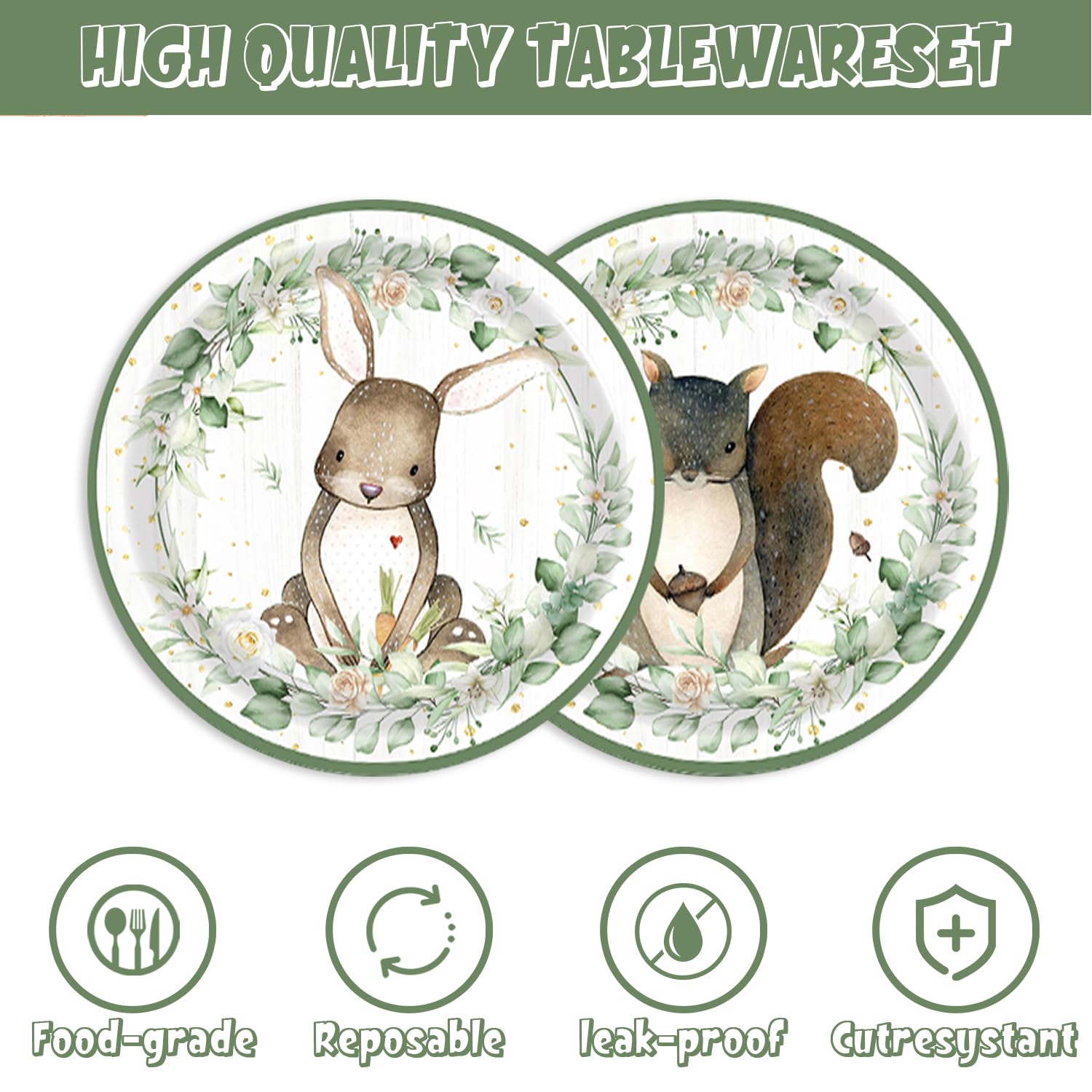 60Pcs Woodland Baby Shower Party Plates for 60 Guests Safari Jungle Wild Animal Party Decorations for Kids Boys Girls Birthday Party Supplies