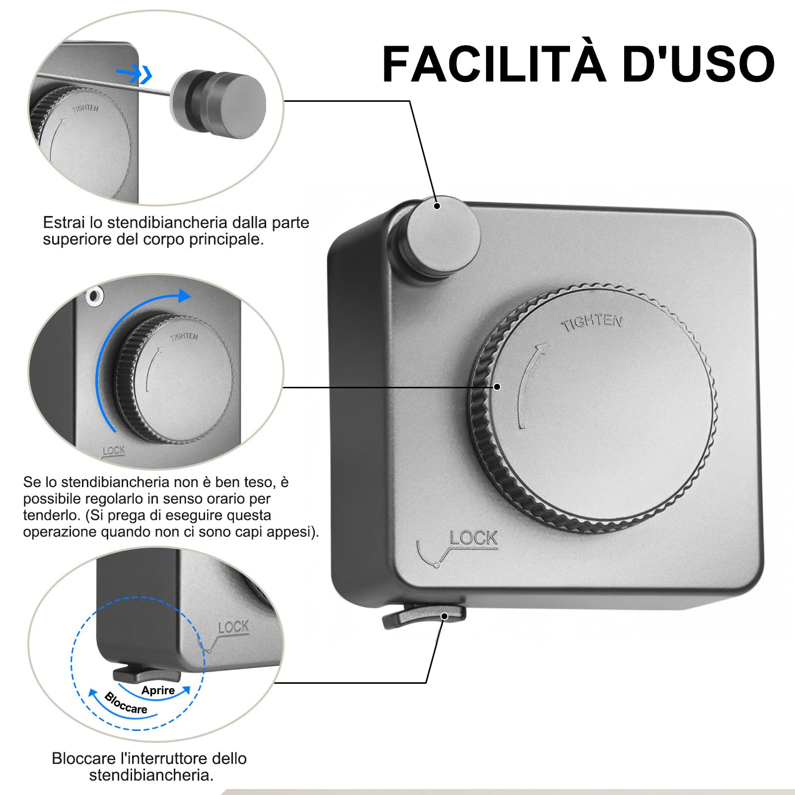 LIVEHITOP Stendibiancheria Retrattile, Corda Stendino da Parete Anti-Cedimento Acciaio Inossidabile Filo per Bucato 4.6M Regolabile Interni Esterno (Grigio)
