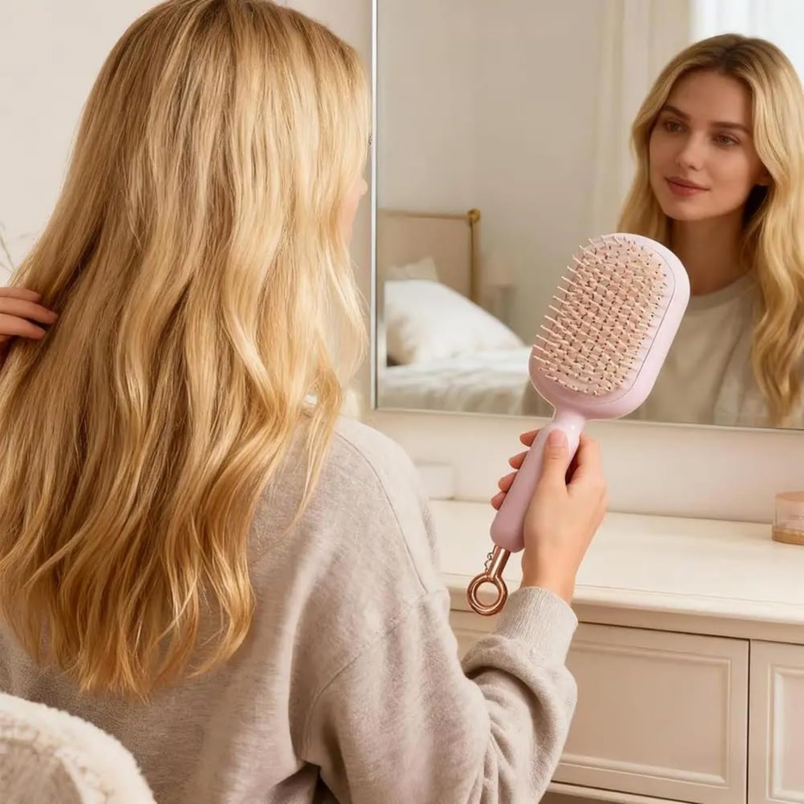 Cepillo de pelo con cojín de aire autolimpiante, peine de masaje para desenredar el cuero cabelludo con pinzas para todo tipo de cabello (2 paquetes, rosa)