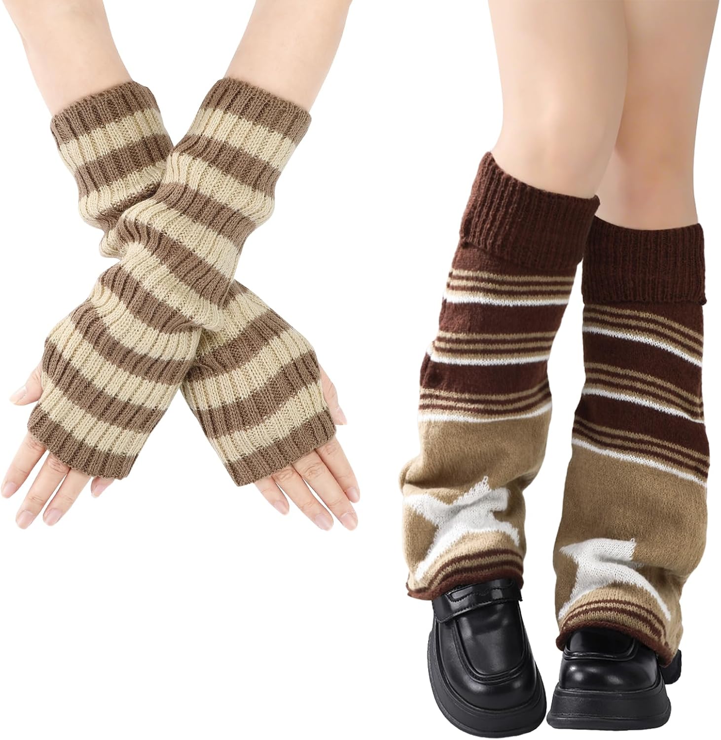 Y2K Leg Arm Warmers Set for Women, Kawaii Harajuku Accessories | soft stretch knit, striped star design, over knee leg and fingerless arm warmers, ideal for y2k harajuku daily and party wear