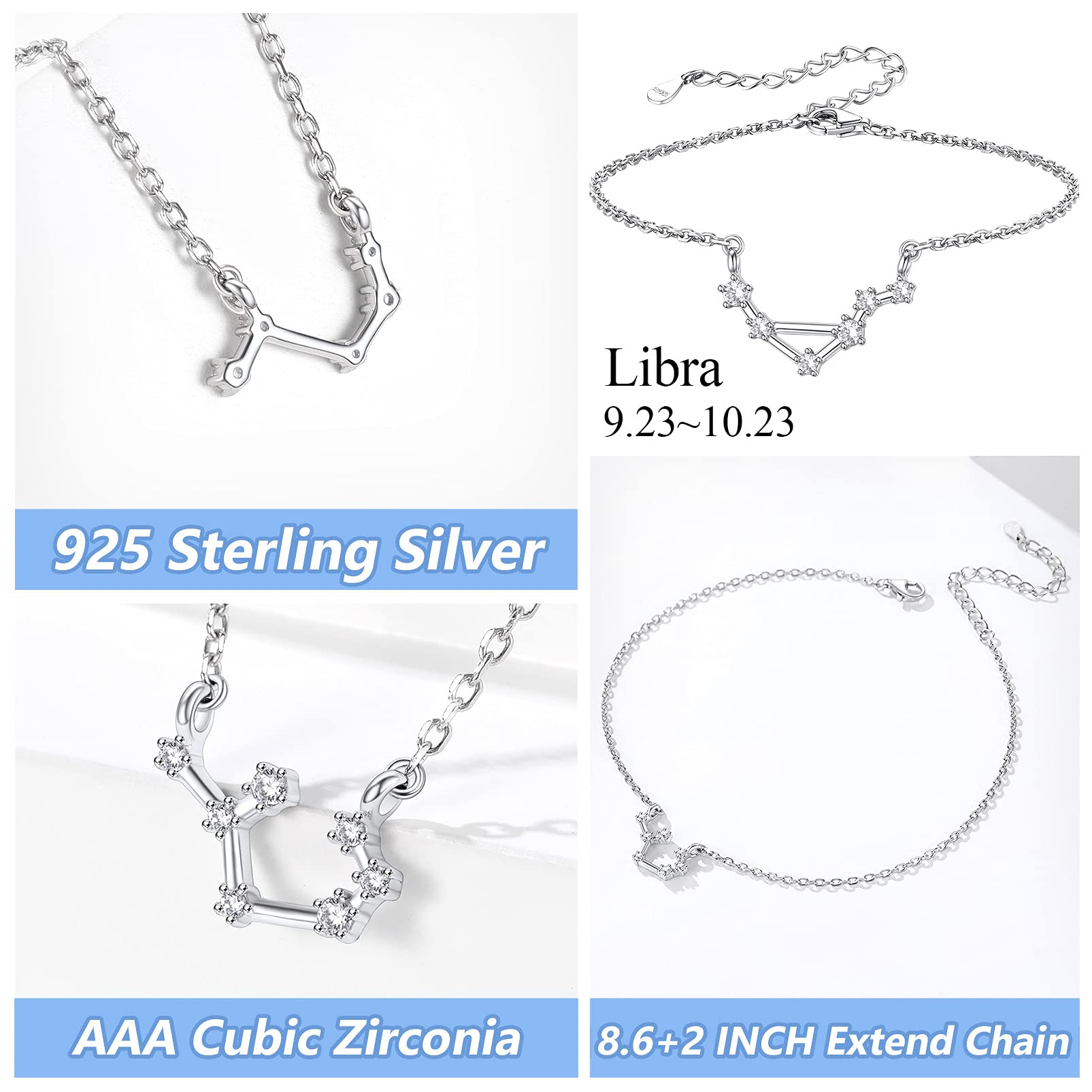 Silvora 22cm Tobillera Plata de Ley 925 Pulsera Zodiaco Libra Tobillera Verano Piscina