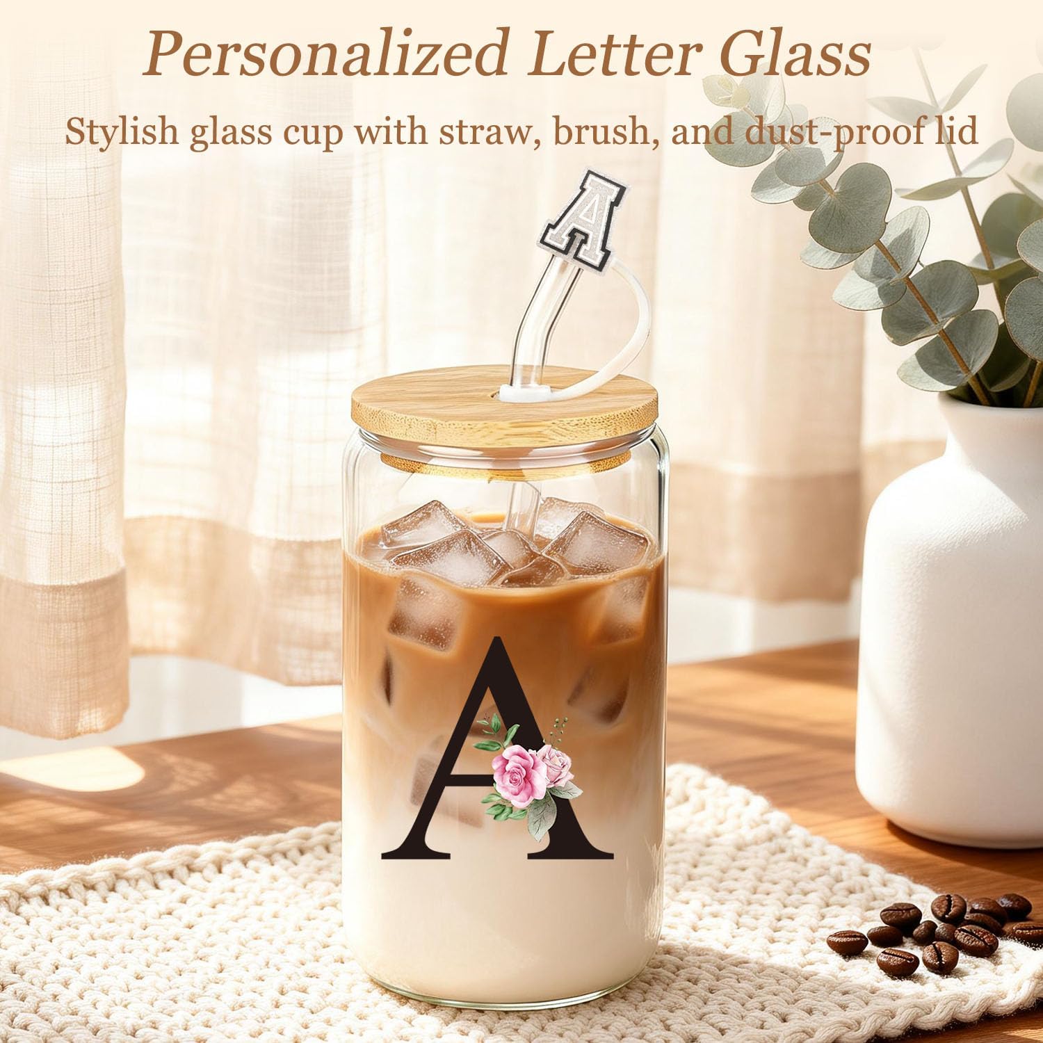 Birthday Gifts for Women, 10pcs Monogrammed Gifts for Women Initial Canvas Tote Bag, Makeup Bag, Glass Cup, Hair Clip, Candle Basket Birthday Personalized Gift for Her Woman Mom Wife Friend Teacher, A - Image 4