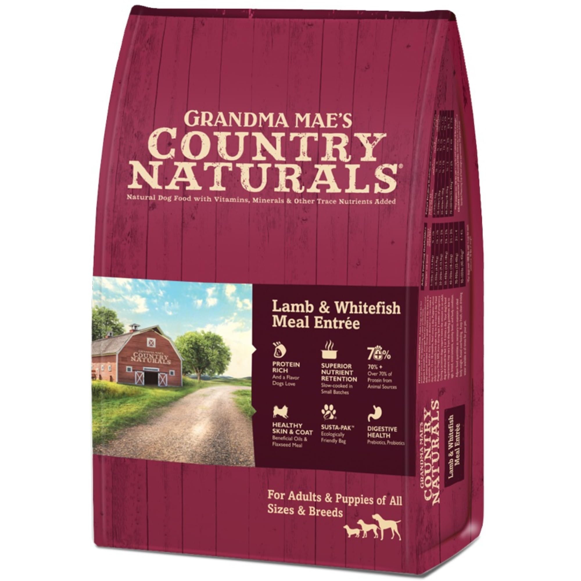 Grandma Mae's Country Naturals Dry Dog Food, Lamb, Whitefish & Brown Rice, Slow Cooked & Nutrient Dense, Made in USA, 14 LB Bag