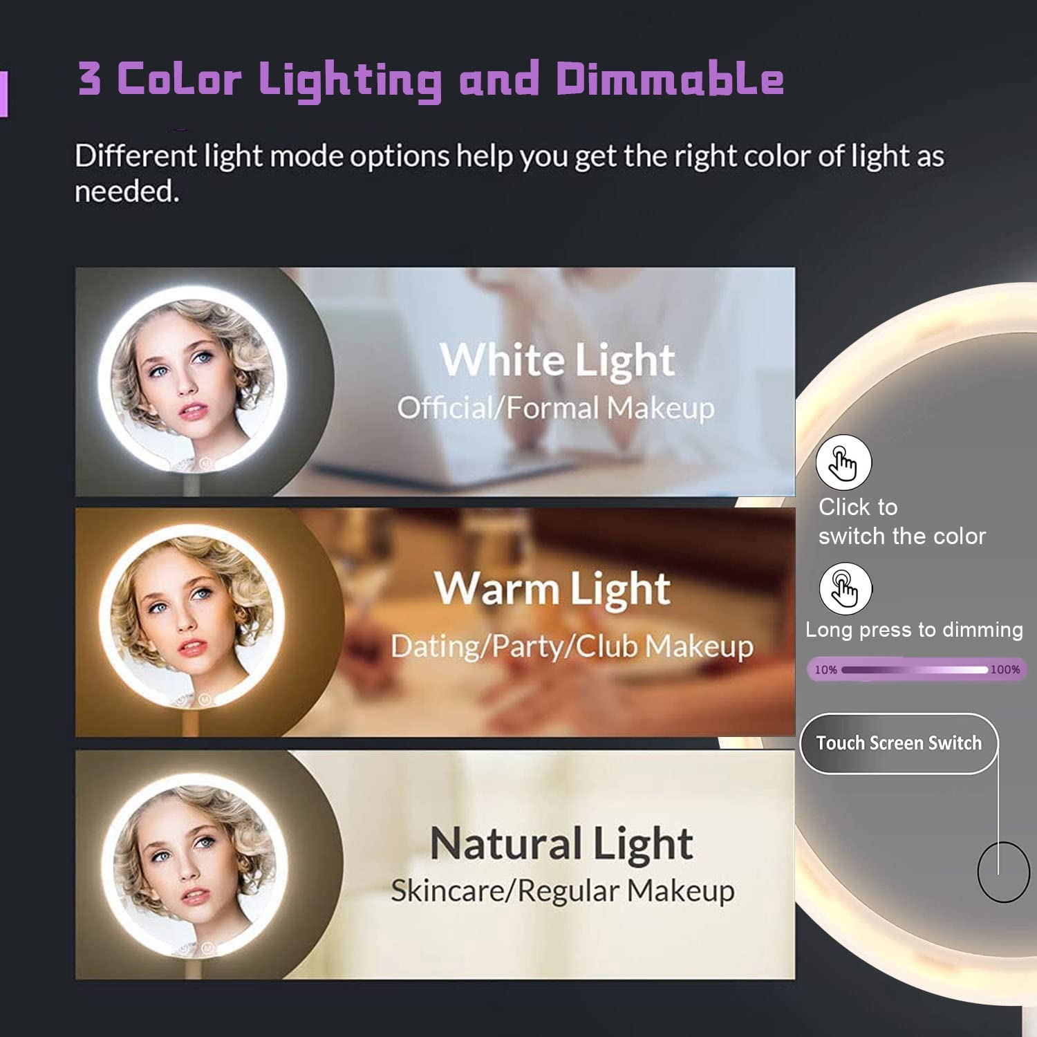 GRSTREE Make Up Mirror with LED Light, Rechargeable Touch Dimming Detachable Portable Table Mirror - Image 3