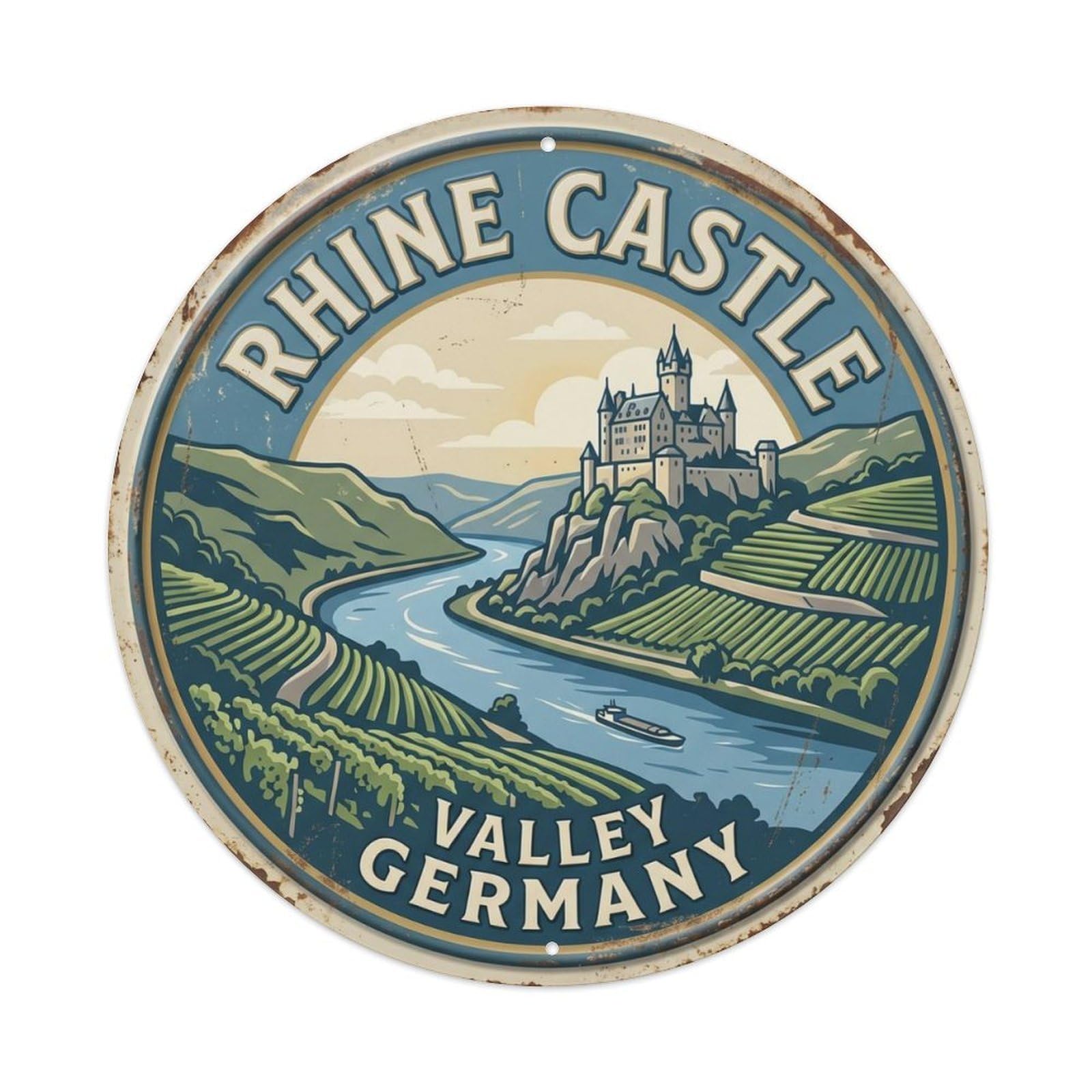 Rhine Castle Valley Germany River Metal Tin Sign Plaque Wall Decor for Cafe, Club Bar, Office, Home Garden Round Metal Poster 8x8Inch