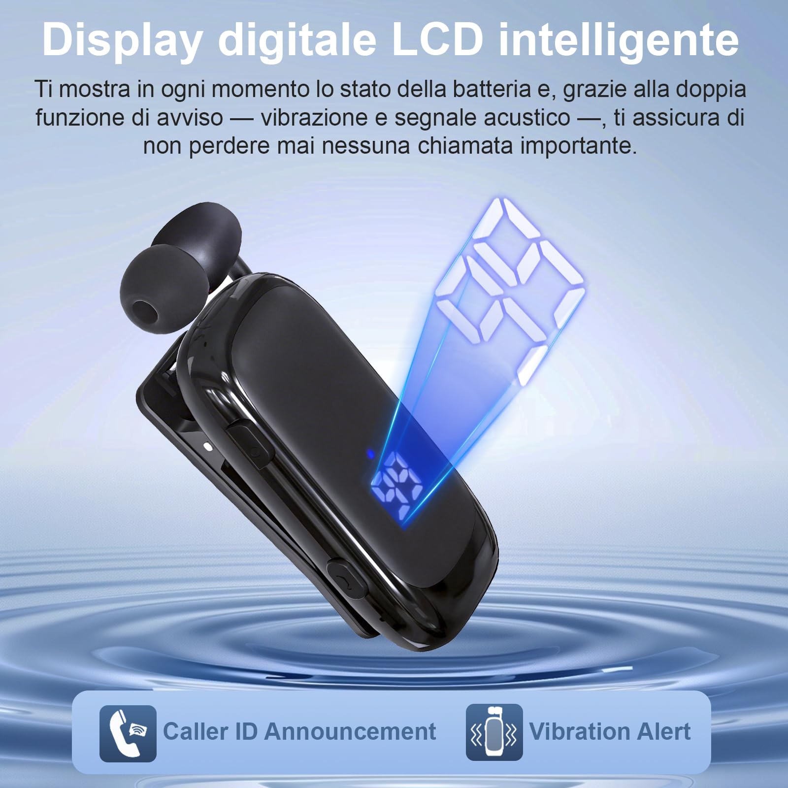 esonstyle Auricolare Bluetooth Mono In-Ear con Clip e Filo Retrattile | Batteria da 20 Ore e Microfono con Cancellazione del Rumore per Chiamate Nitide. Perfetto per Sport, Ufficio e Guida