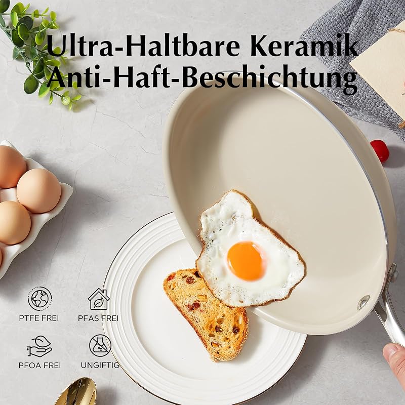 Set de tigăi antiaderente cu înveliș ceramic Redchef 20, 24, 28 cm, pentru inducție și toate tipurile de plite, fără PTFE, PFAS, PFOA, bej
