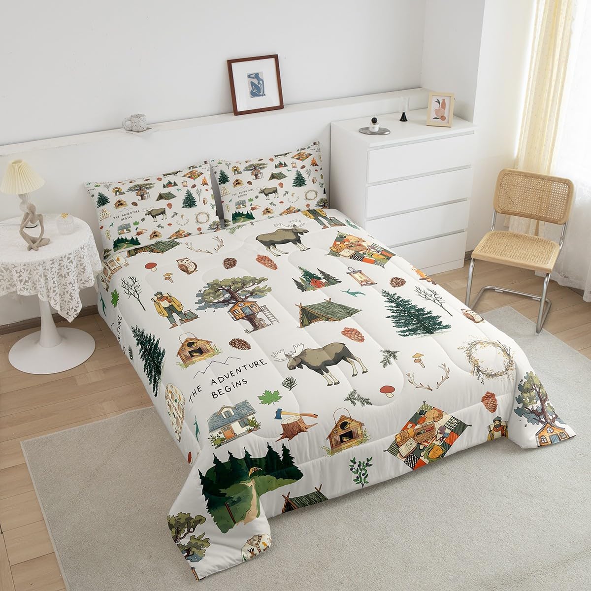 Cartoon Camper Comforter Set Twin Size Jungle Adventure Travel Bedding Set Wild Elk Animals Mountain Trees Quilt Set for Kids Boys Teens Men Bedroom Decor Happy Camping Duvet Insert 2pcs - Image 3
