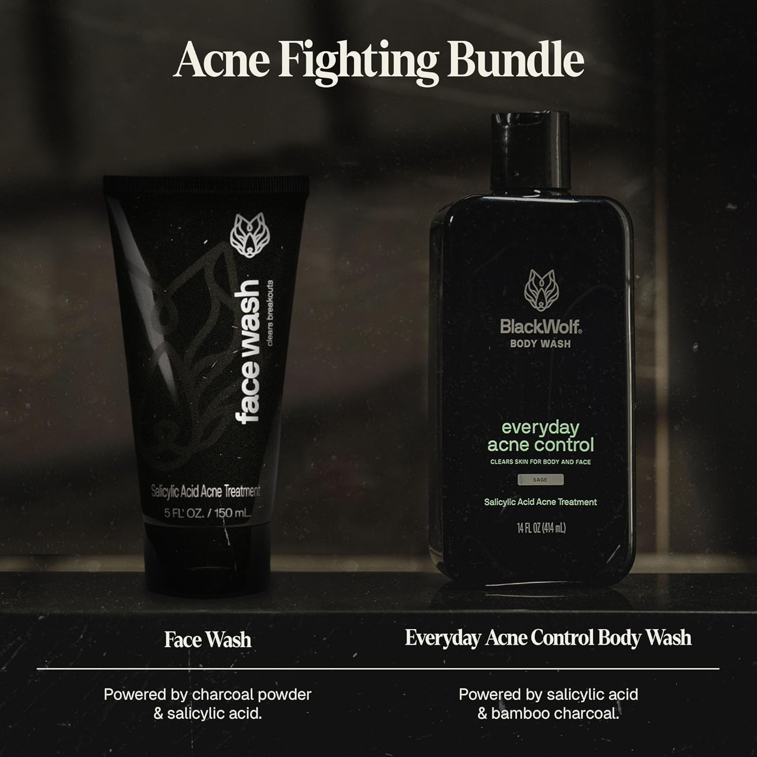 Black Wolf Charcoal Powder Face and Body Wash Bundle for Oily Skin, Deep Clean- 2pc Bundle- Charcoal Powder and Salicylic Acid Reduce Acne Breakouts and Cleanse Your Skin- Gift Set for Men