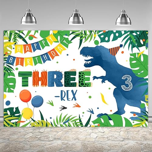Telón de fondo de tercer cumpleaños de dinosaurio azul de 6 x 4 pies con dibujos animados de tres rex, hojas de palma verdes, fondo de fotografía