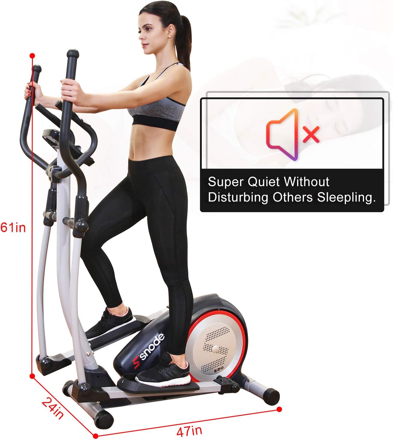 Elliptical trainer with dimensions and quiet operation icon