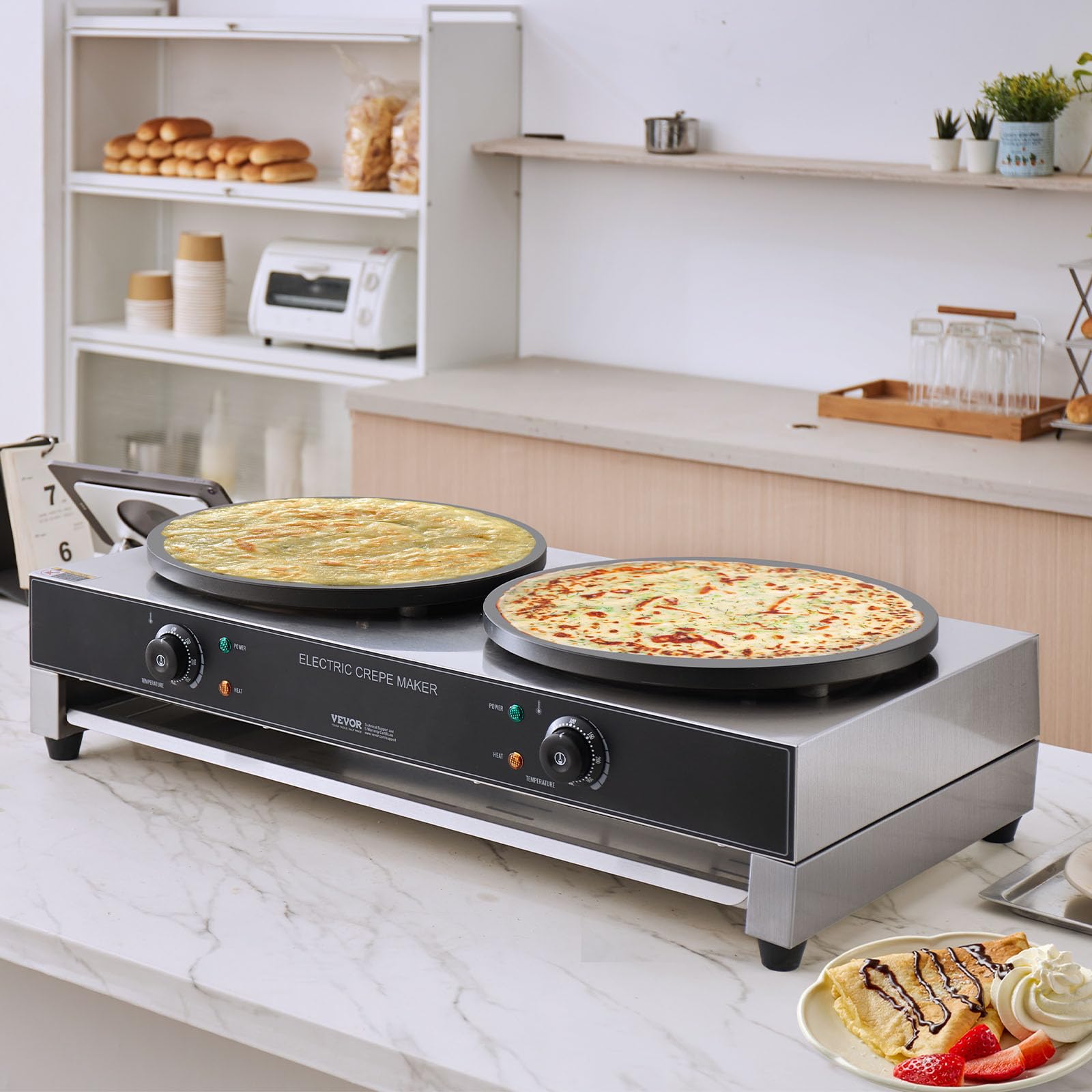 VEVOR Crepiera Elettrica, Macchina per Crepes Commerciale a Doppia Testa 406 mm, Piastra Crepes Piastra Piana 6000 W, Macchina in Acciaio Inox Antiaderente, Fornello Circolare, Senza Spina