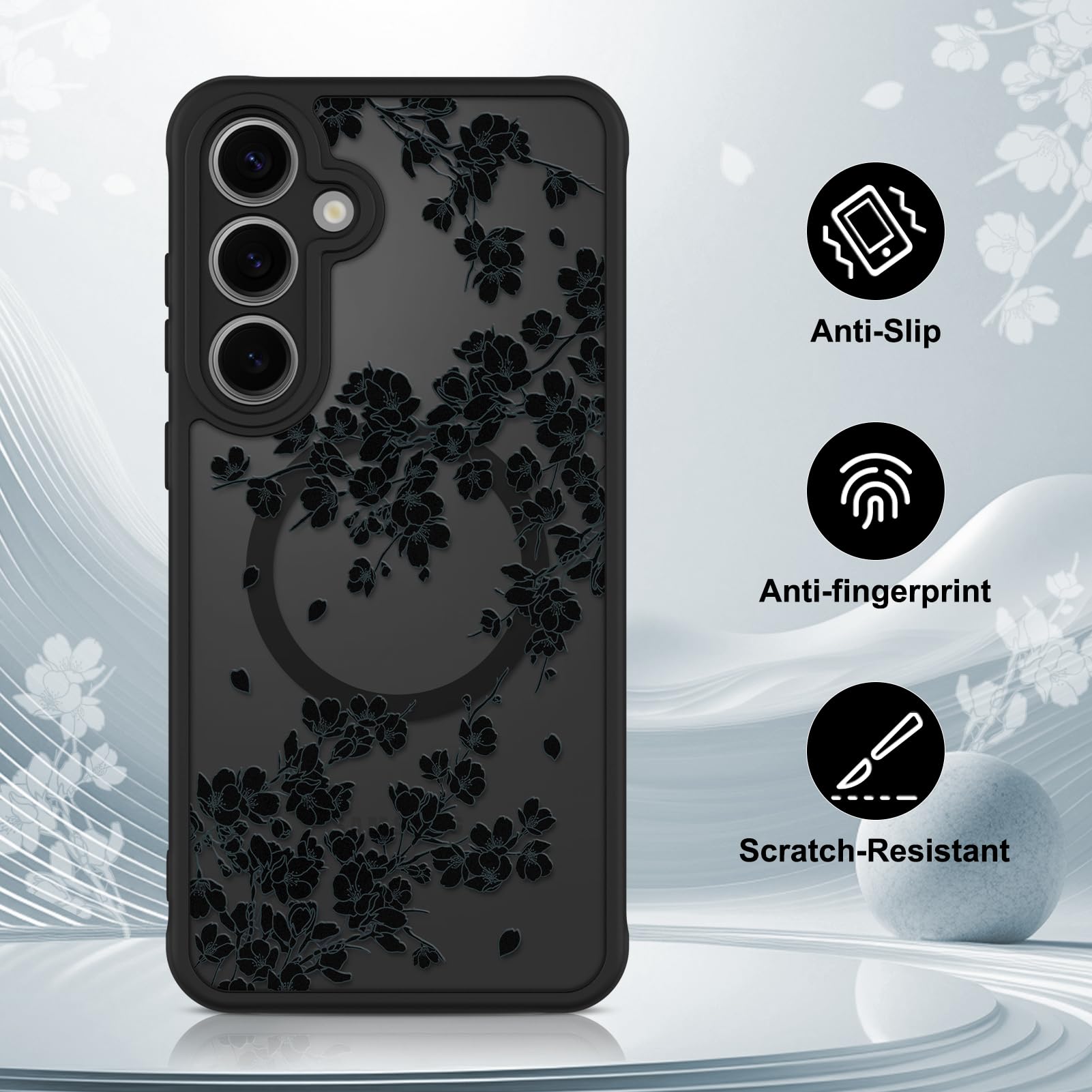 OOK Etui do telefonu Samsung Galaxy S24 FE 6,7 cala (kompatybilne z bezprzewodowym ładowaniem) czarne kwiaty, kwiatowy wzór, półprzezroczyste etui na telefon, miękkie tworzywo TPU + twardy PC, odporne