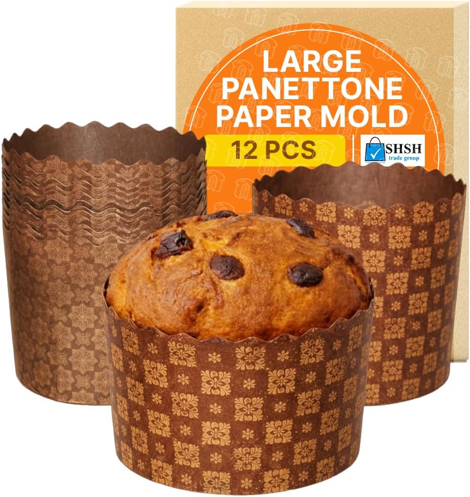 Easter Bread Forms Paska Mold Kulich Paskha Pantone 12 pcs - Easter Bread Paper Mold Panettone Paper Mold - 12 oz Standard Non Stick Panettone Paper Bread Baking Molds - Brown Design W4.33xH3.35-In