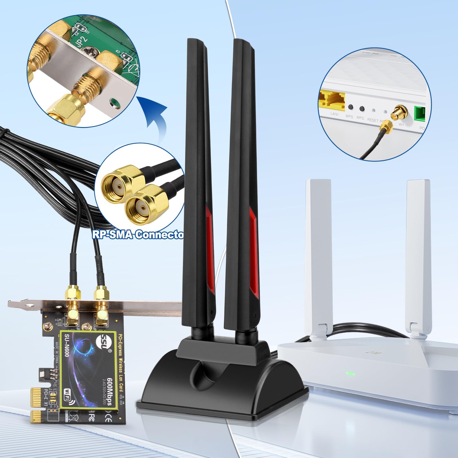 Superbat Antena WiFi 6E Tri-Band 2,4 GHz 5 GHz 6 GHz WLAN Antena magnetyczna Base z RP-SMA 200 cm przedłużacz do kart Wi-Fi, karty PCI, płyty głównej Bluetooth, Wi-Fi 6, routera FPV, kamera