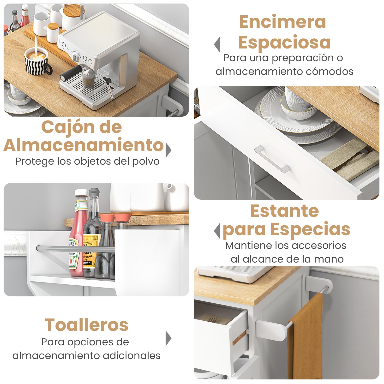COSTWAY Isla de Cocina con Ruedas, Carrito de Cocina con Cajón y Gabinete de Almacenamiento, Estante Ajustable en 3 Niveles para Especias y Barras para Toallas, Carro de Servicio para Comedor