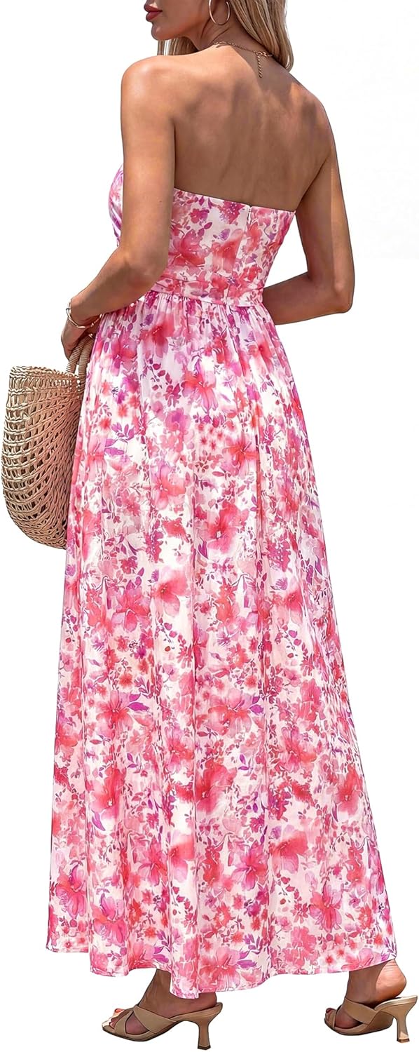 BTFBM Summer Maxi Dresses for Women 2026 Strapless Tube Top Floral Spring Wedding Guest Dress Beach Vacation Outfits