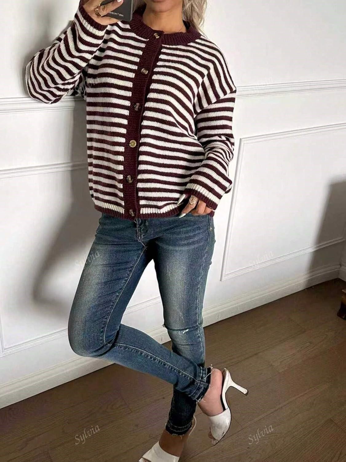 GORGLITTER Women's Striped Button Up Fall Cardigan 2025 Dressy Cozy Long Sleeve Crewneck Fall Fashion Knitwear Tops - Image 2