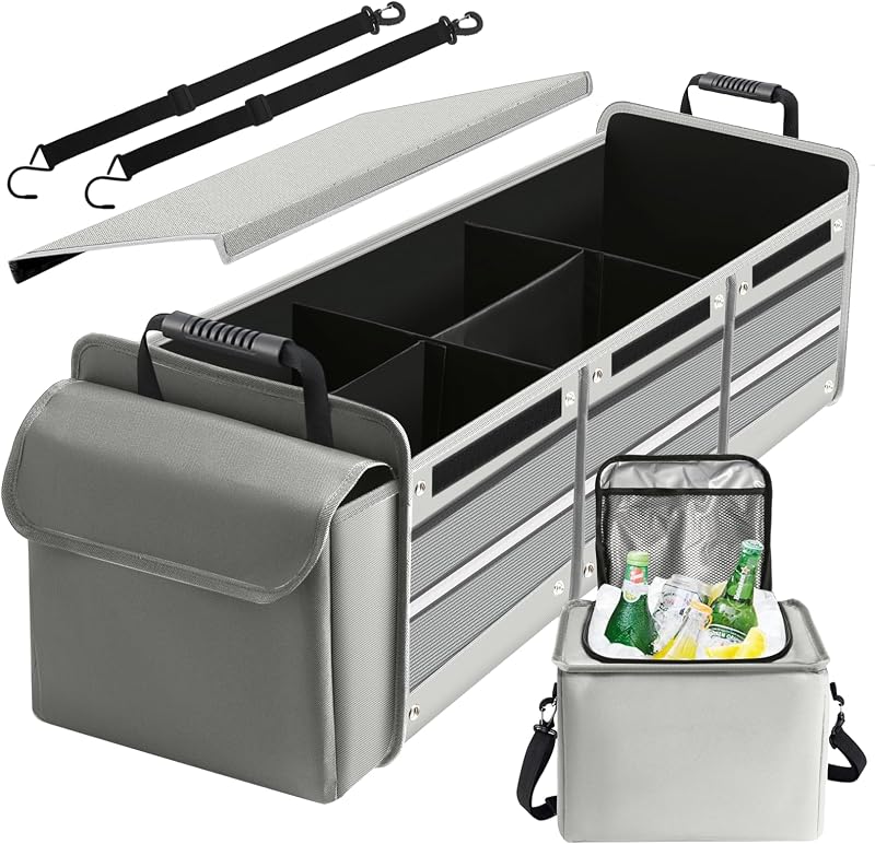 Snuopfy Car Trunk Organizer,115L Heavy Duty Collapsible Trunk Storage | Insulated Leakproof Cooler Bag Car Organization with Lid, 3 Compartments, Straps For Car,Suv,Jeep,Sedan-Grey