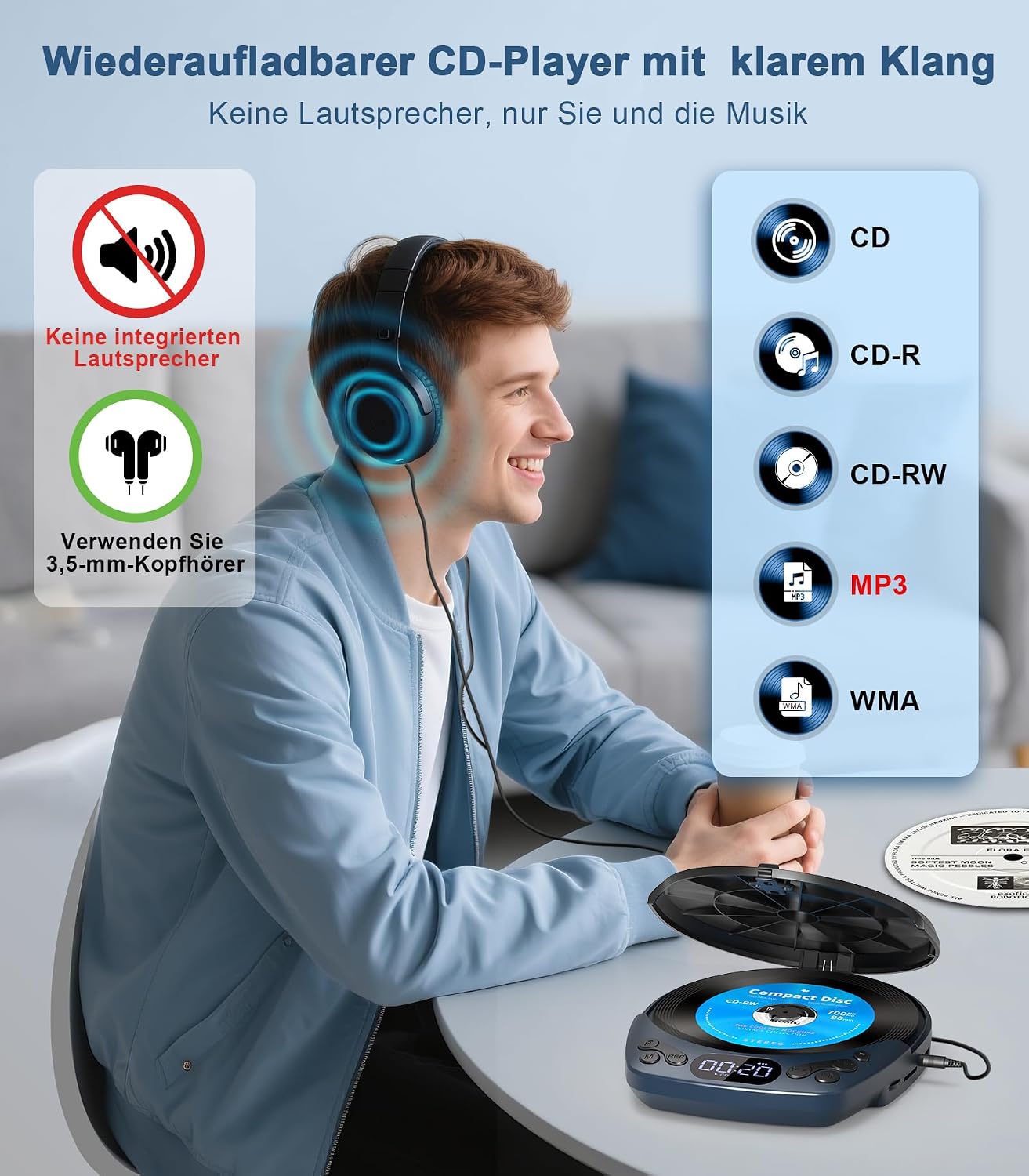 Person wearing headphones connected to Greadio CD Player