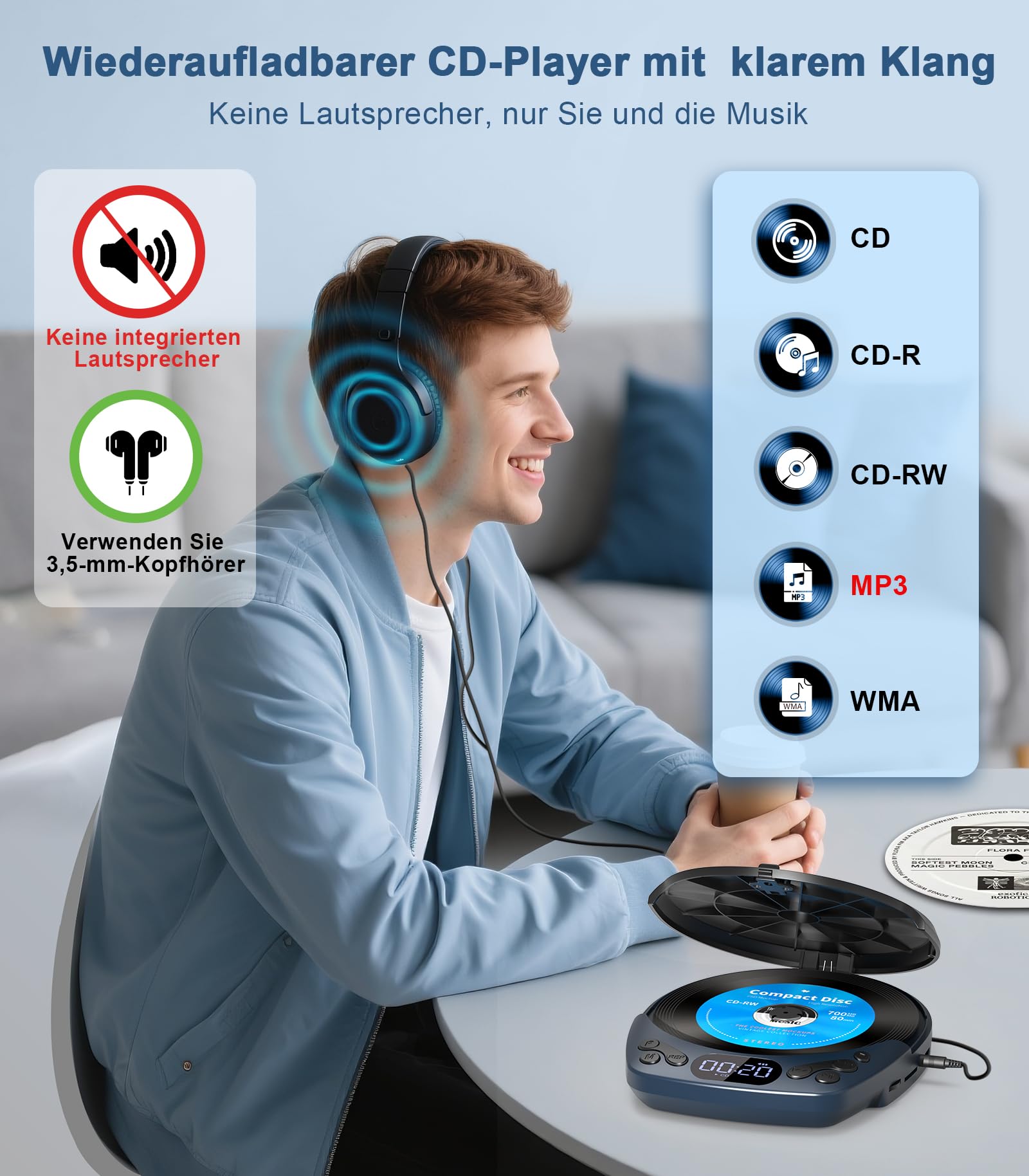 Greadio Lettore CD portatile con cuffie, disco ricaricabile | Lettore CD per auto e casa, lettore CD Walkman con funzione anti-skip, riproduzione TF/AUX, blocco